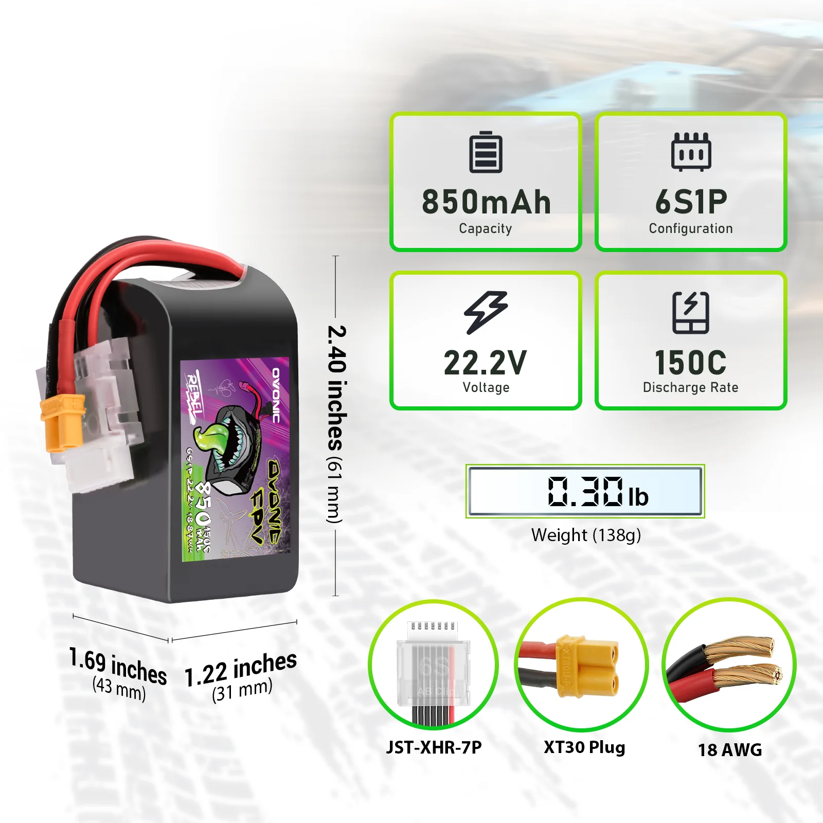 OVONIC 11.1V 150C 850mAh 6S LiPo Battery with XT30 Plug for 90-180mm Brushless FPV Drones Cinelog & Protek 25