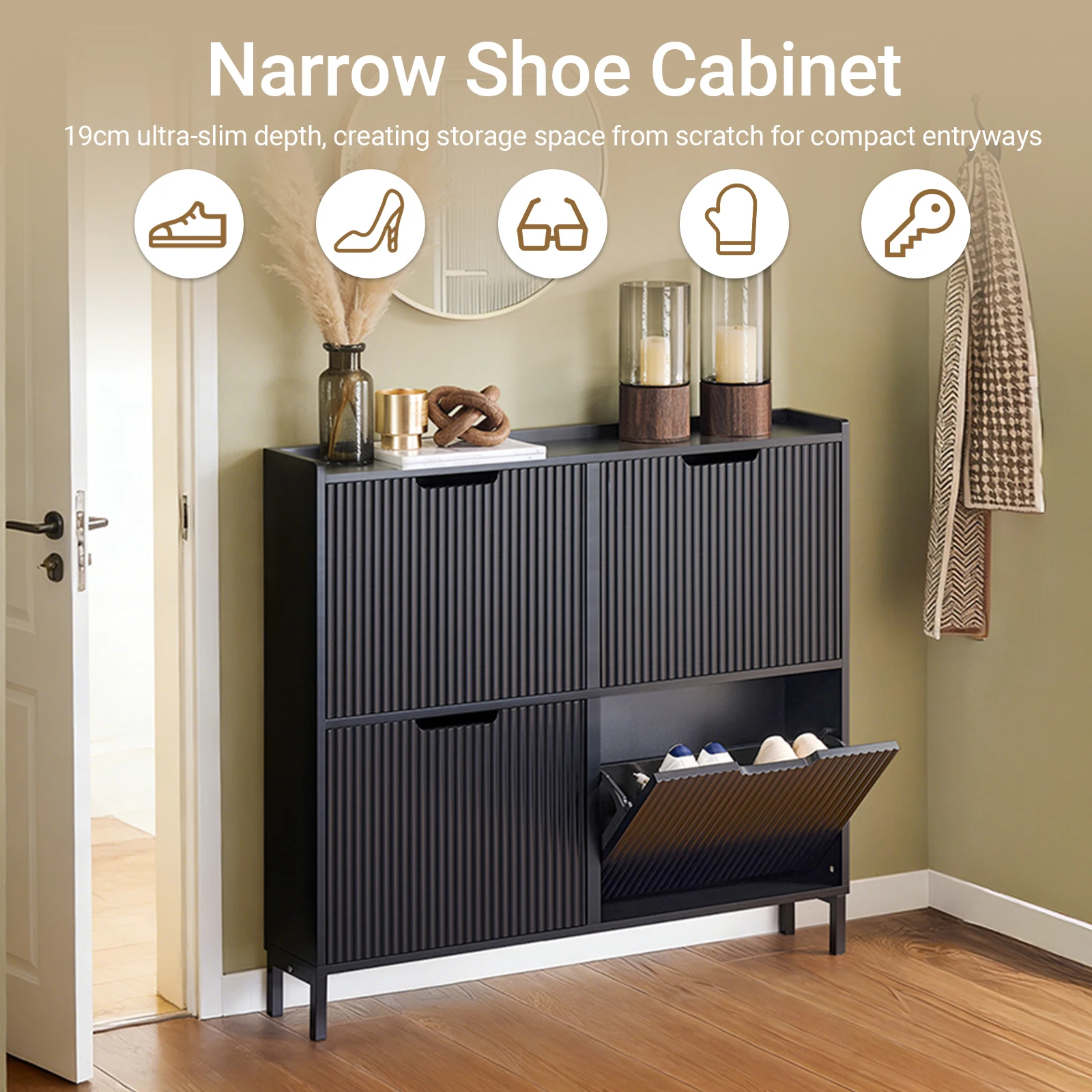 SoBuy FSR177-L 4 flap shoe cabinet narrow shoe rack 4 shelf surface shoe chest of drawers shoe shelf