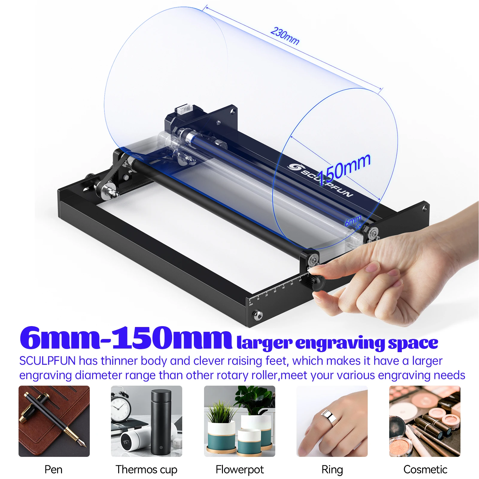 SCULPFUN Laser Rotary Roller Laser Engraver Y-axis Rotary Roller 360° Rotating for 6-150mm Different Engraving Diameter for Las