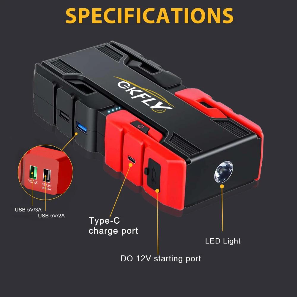 GKFLY 3000A Car Jump Starter 44.4Wh Power Bank Portable Starting Device Car Battery Charger Booster Buster for Diesel Petrol