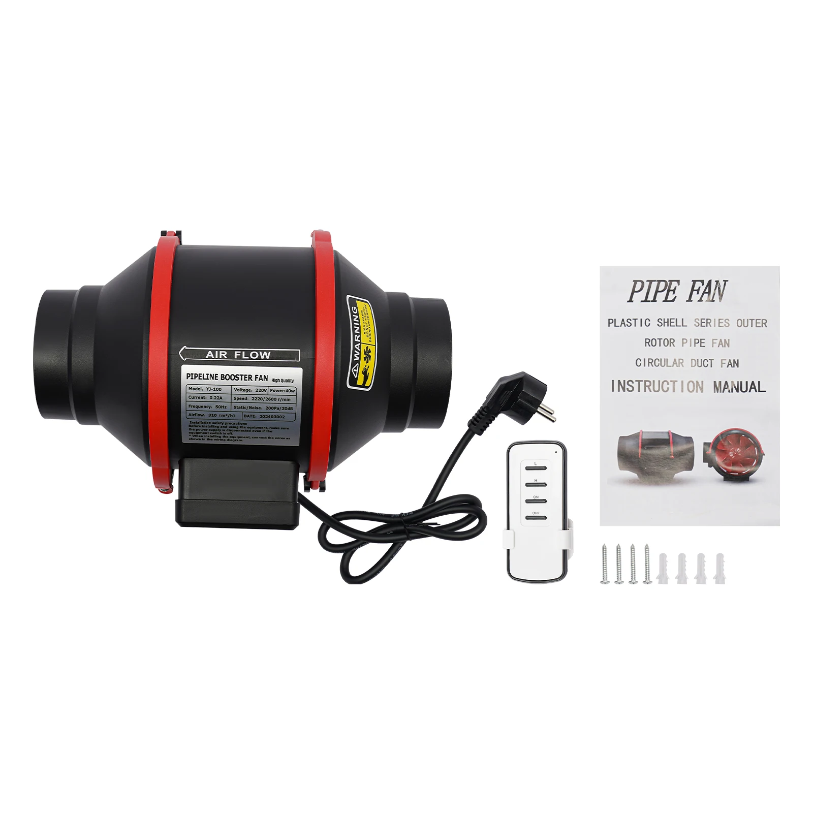 220V 4 Inches Exhaust Fans| 310 m³/h Remote Pipe Duct Fan| Bathroom Extractor Ventilation Kitchen Toilet Ventilator | 2 Speeds