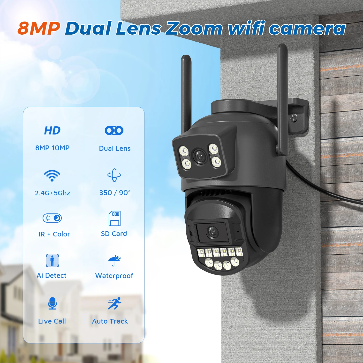 10MP 5K Wifi Camera Dual Lens Dual Screens HD Outdoor Security Camera Email Alert Ai Night Vision CCTV Home Surveillance Camera