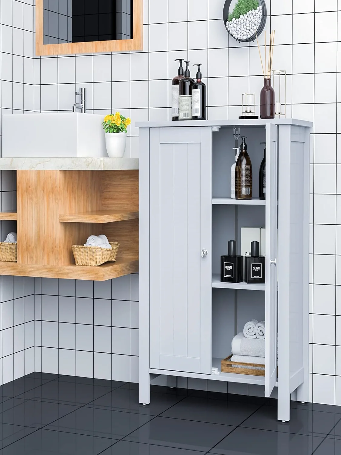 Bathroom Cabinet,Side Cabinet,Chest of Drawers Sideboard with Double Door and Adjustable Shelf,Storage Cabinet,60x30x80.5cm