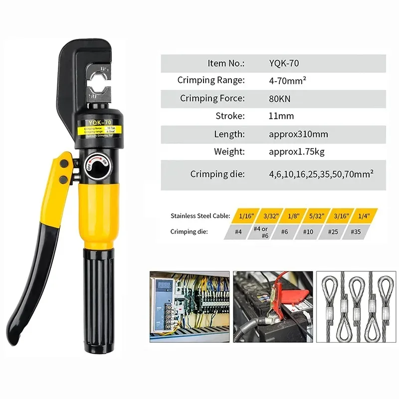 4/6/10/16/25/35/50/70/95/120/150/185/240/300mm² Hydraulic Clamp Home Hydraulic Crimping Tool DIY Cable Wiring Crimping Plier Cordless Hydraulic Press Hydraulic Tongs 4-70mm² Or 16-300mm²Pliers Hydraulic Pliers DIY Cable Terminal Crimping Pliers C Type Hot