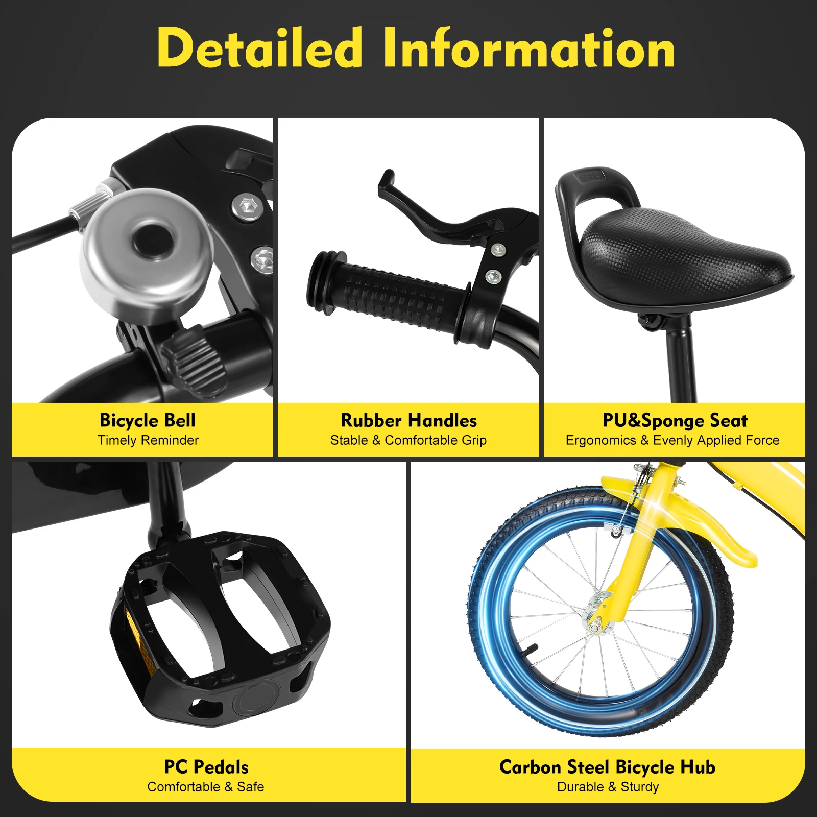 14'' Yellow Children's Bicycle Learning Bike 2 Training Wheel Chain Cover Mudguard Adjustable Sturdy for 39.37-45.28" Children
