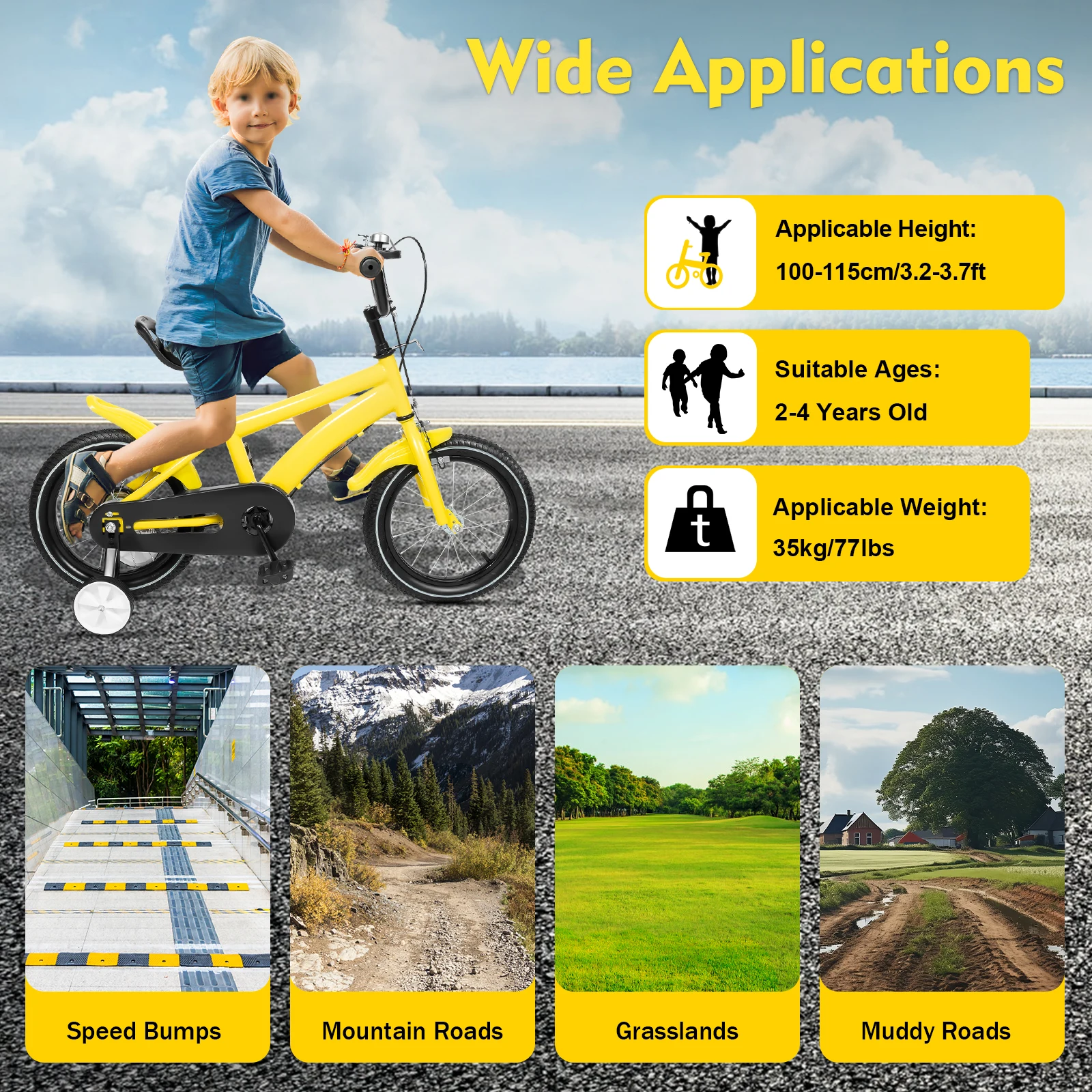 14'' Yellow Children's Bicycle Learning Bike 2 Training Wheel Chain Cover Mudguard Adjustable Sturdy for 39.37-45.28" Children
