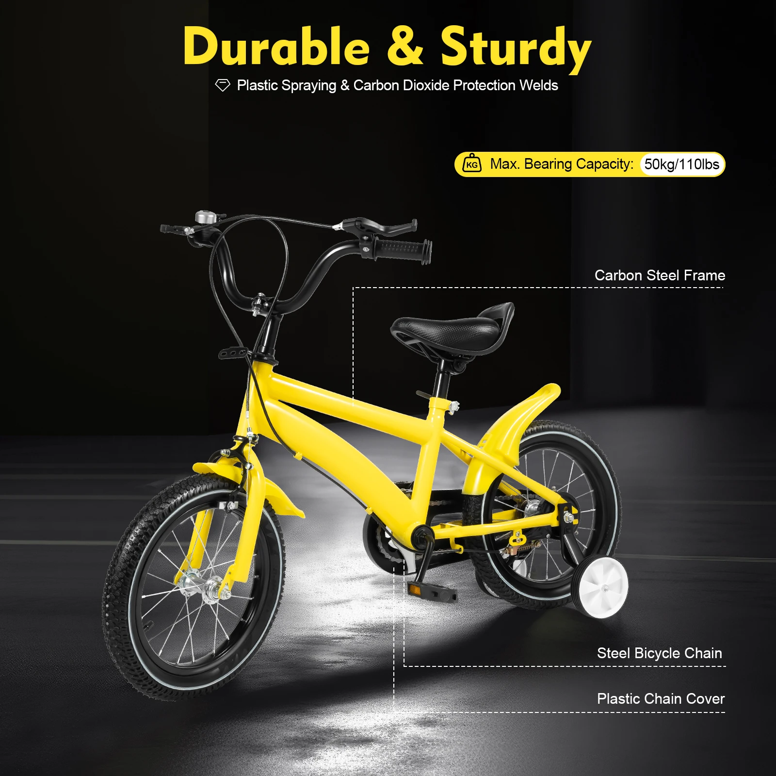 14'' Yellow Children's Bicycle Learning Bike 2 Training Wheel Chain Cover Mudguard Adjustable Sturdy for 39.37-45.28" Children