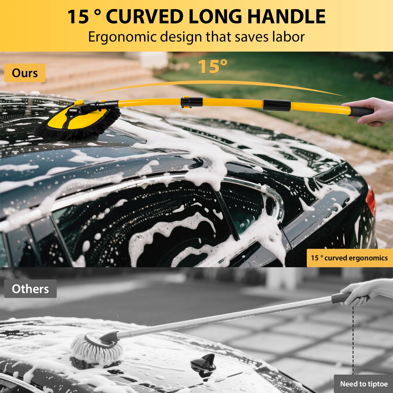 15° Curved Extendable Car Cleaning Brush with Replaceable Microfiber Mop Head, 55IN/140CM Car Wash Brush with Long Handle