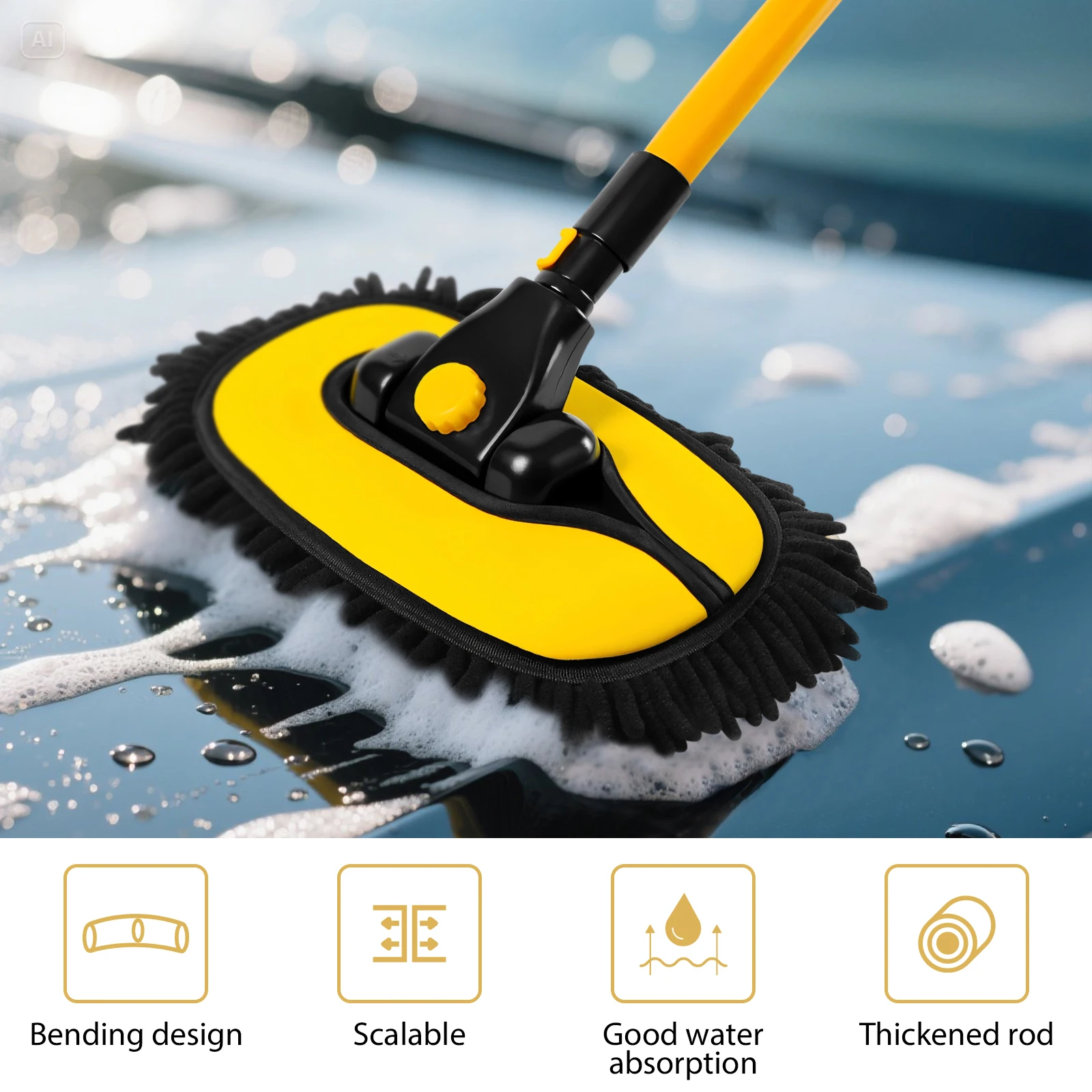 15° Curved Extendable Car Cleaning Brush with Replaceable Microfiber Mop Head, 55IN/140CM Car Wash Brush with Long Handle