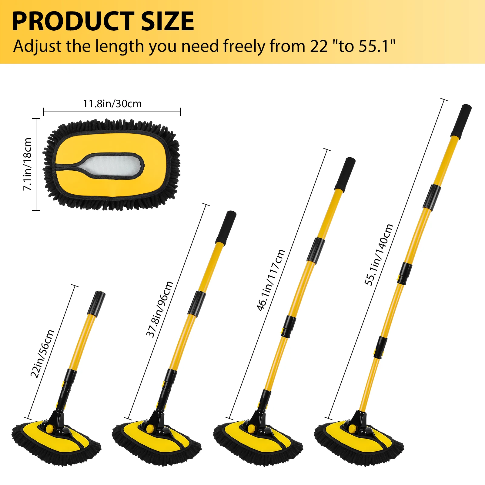 15° Curved Extendable Car Cleaning Brush with Replaceable Microfiber Mop Head, 55IN/140CM Car Wash Brush with Long Handle