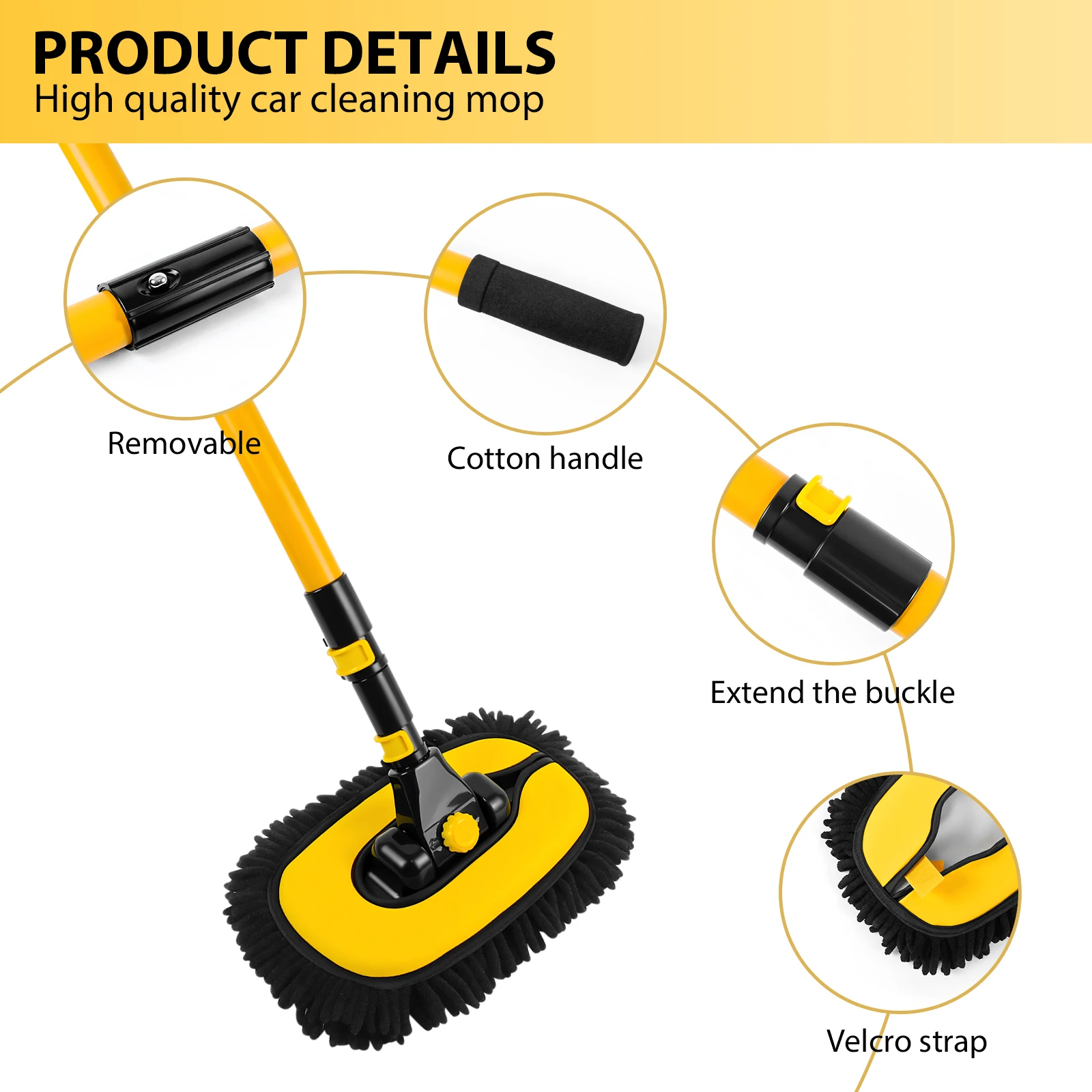 15° Curved Extendable Car Cleaning Brush with Replaceable Microfiber Mop Head, 55IN/140CM Car Wash Brush with Long Handle