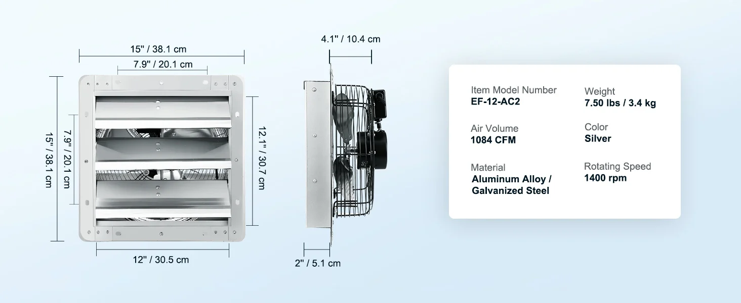 SucceBuy Shutter Exhaust Fan AC/ EC-motor 10-Speed Adjustable Wall Mount Attic Ventilation and Cooling for Greenhouses Garages