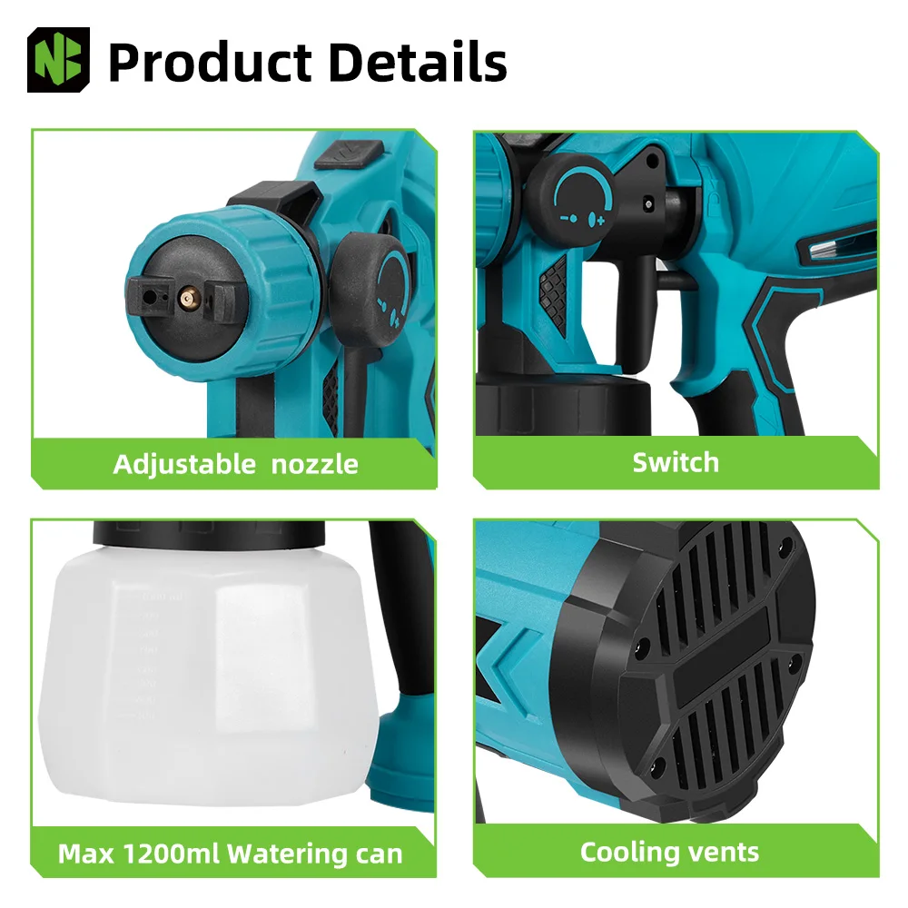NEWBENY 1200ML Electric Spray Gun Portable Paint Sprayer Auto Furniture Coating Airbrush Power Tool For Makita Battery Pin