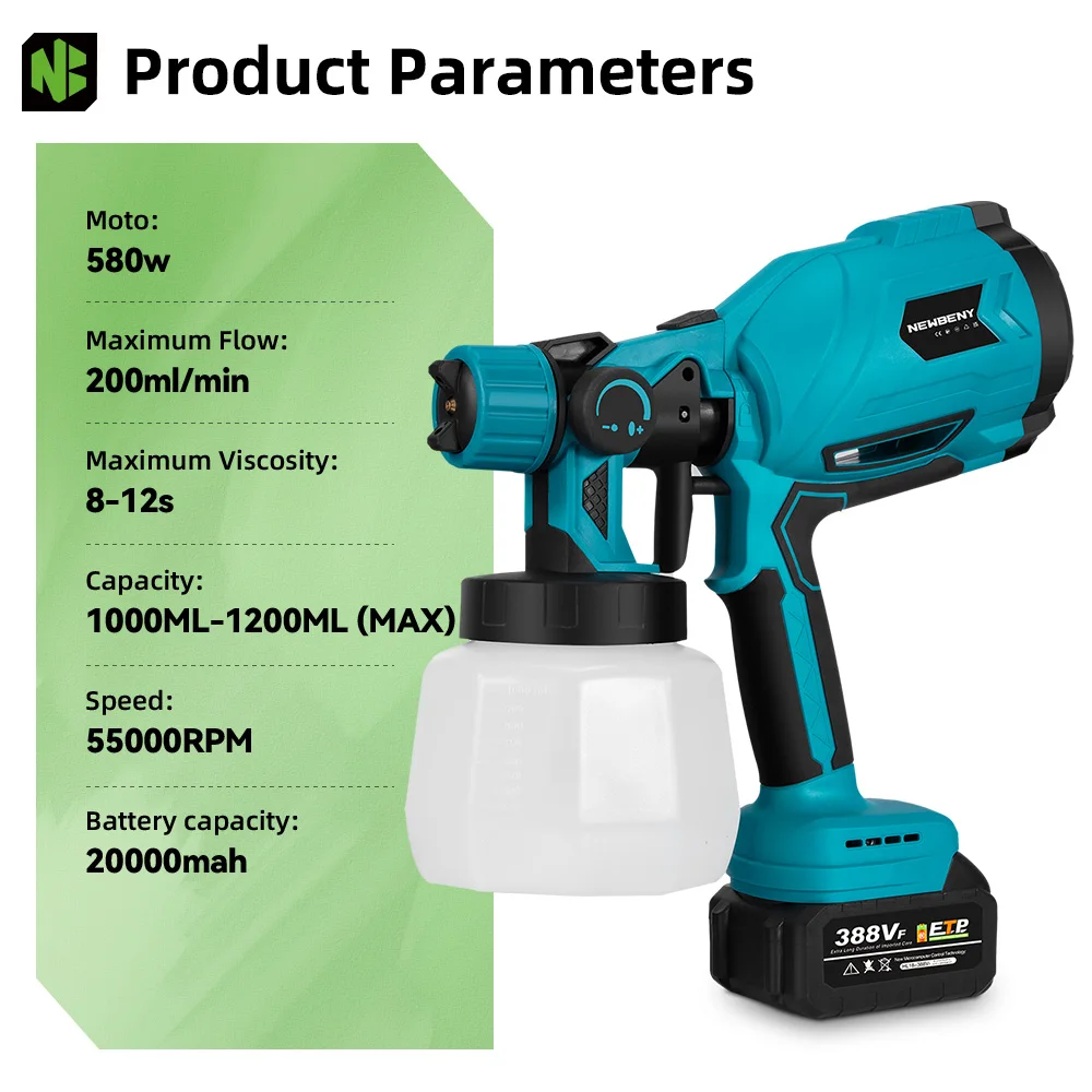 NEWBENY 1200ML Electric Spray Gun Portable Paint Sprayer Auto Furniture Coating Airbrush Power Tool For Makita Battery Pin