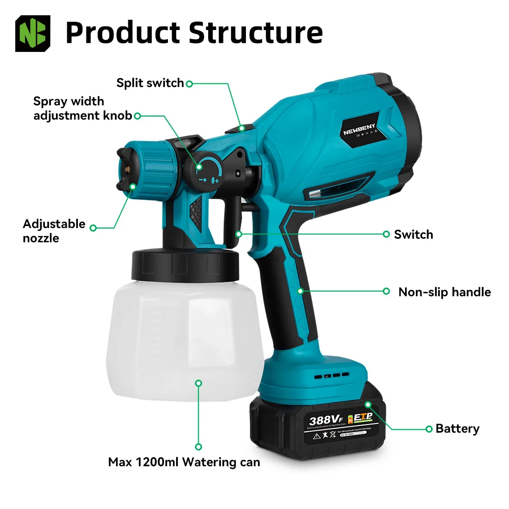 NEWBENY 1200ML Electric Spray Gun Portable Paint Sprayer Auto Furniture Coating Airbrush Power Tool For Makita Battery Pin