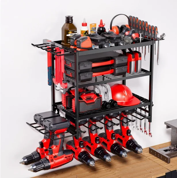 Wall Mounted Garage Tool Organizer Heavy Duty Metal Tool Rack Storage Shelf Electric Drill Holders Workshop Power Tool Cabinet