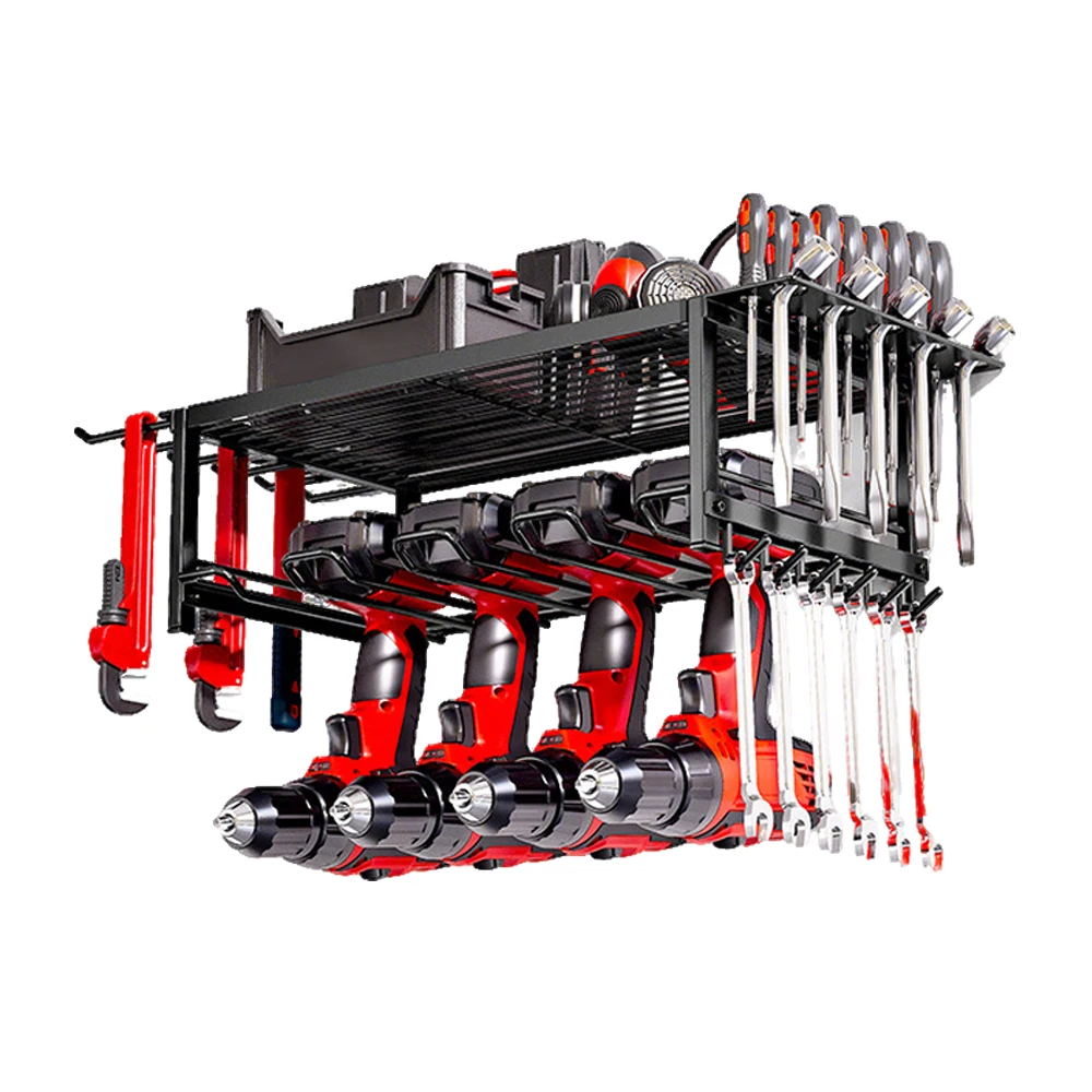 Wall Mounted Garage Tool Organizer Heavy Duty Metal Tool Rack Storage Shelf Electric Drill Holders Workshop Power Tool Cabinet