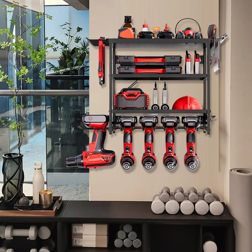 Wall Mounted Garage Tool Organizer Heavy Duty Metal Tool Rack Storage Shelf Electric Drill Holders Workshop Power Tool Cabinet