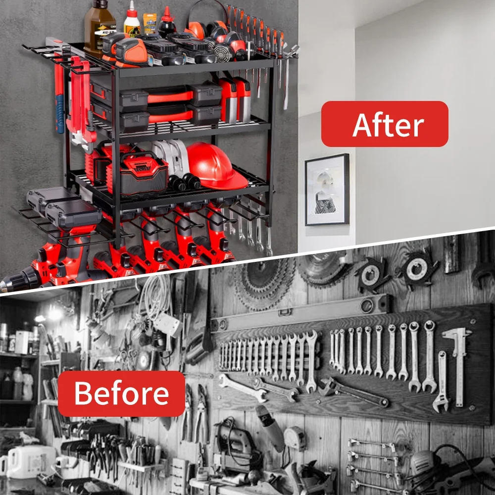 Wall Mounted Garage Tool Organizer Heavy Duty Metal Tool Rack Storage Shelf Electric Drill Holders Workshop Power Tool Cabinet