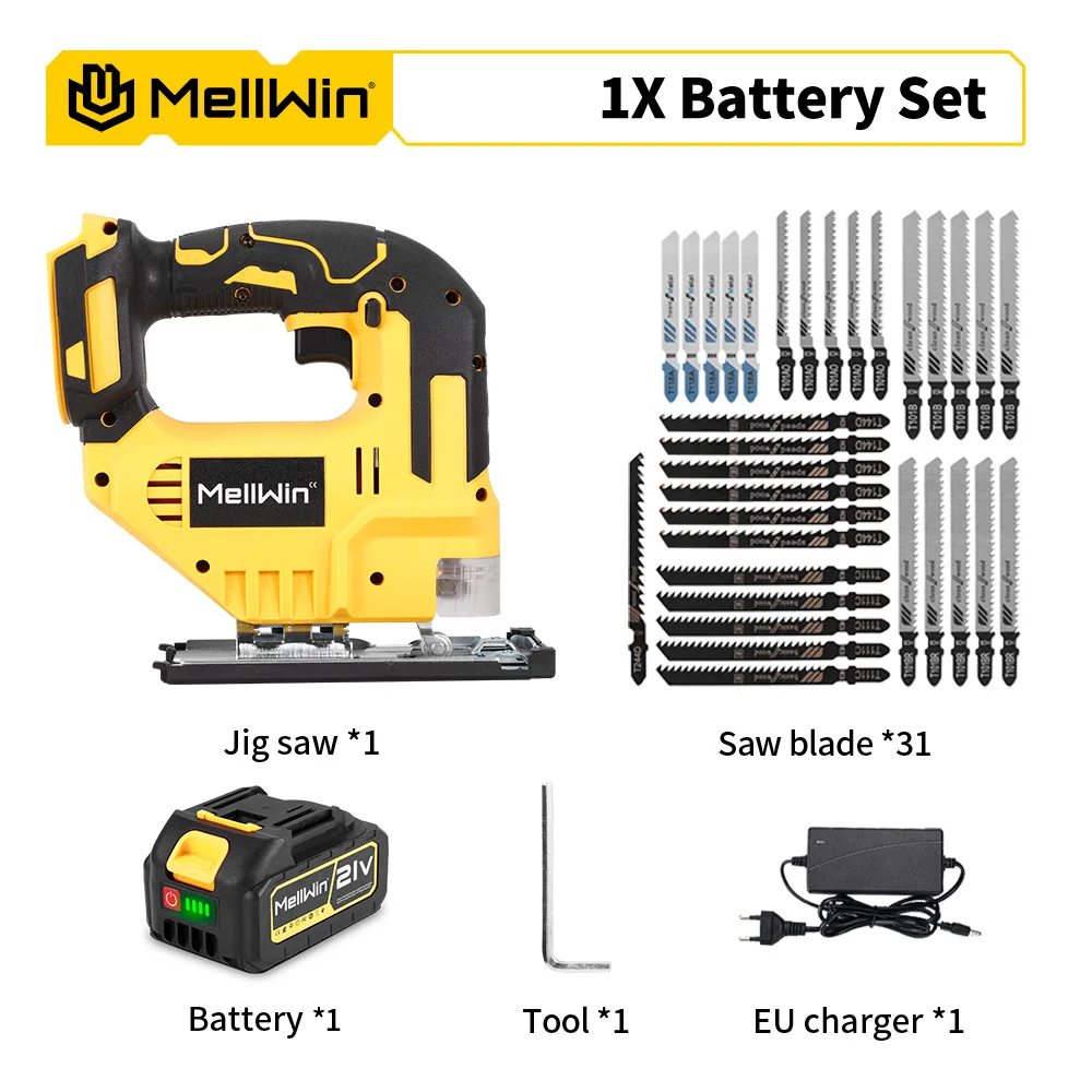MELLWIN 3500RPM Electric JigSaw 31 With Blade Wireless Curve Saw Multi-function Woodworking Tool For Makita 18V Battery Pin