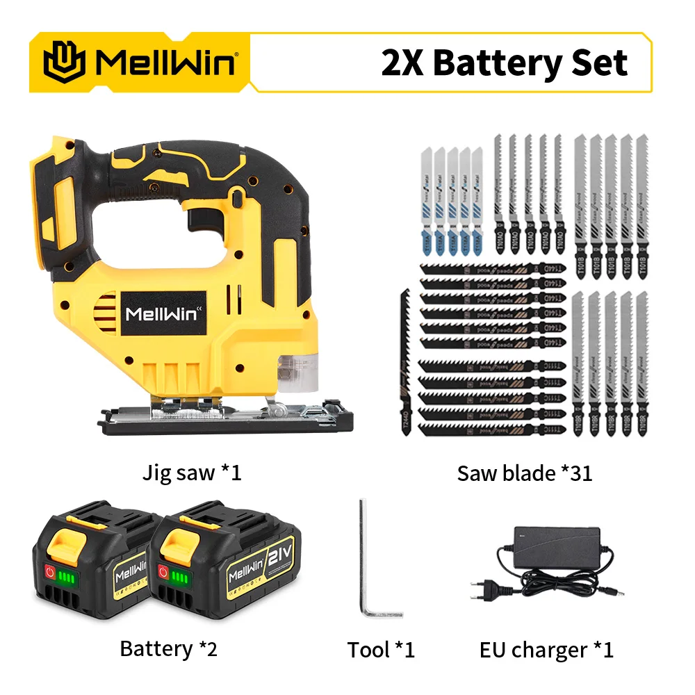 MELLWIN 3500RPM Electric JigSaw 31 With Blade Wireless Curve Saw Multi-function Woodworking Tool For Makita 18V Battery Pin