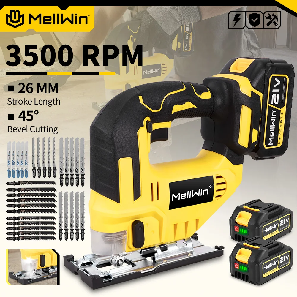 MELLWIN 3500RPM Electric JigSaw 31 With Blade Wireless Curve Saw Multi-function Woodworking Tool For Makita 18V Battery Pin