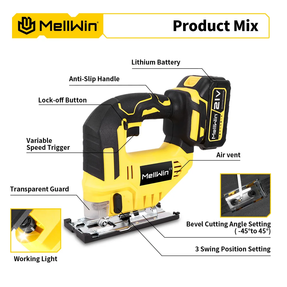 MELLWIN 3500RPM Electric JigSaw 31 With Blade Wireless Curve Saw Multi-function Woodworking Tool For Makita 18V Battery Pin