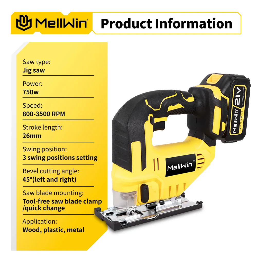 MELLWIN 3500RPM Electric JigSaw 31 With Blade Wireless Curve Saw Multi-function Woodworking Tool For Makita 18V Battery Pin