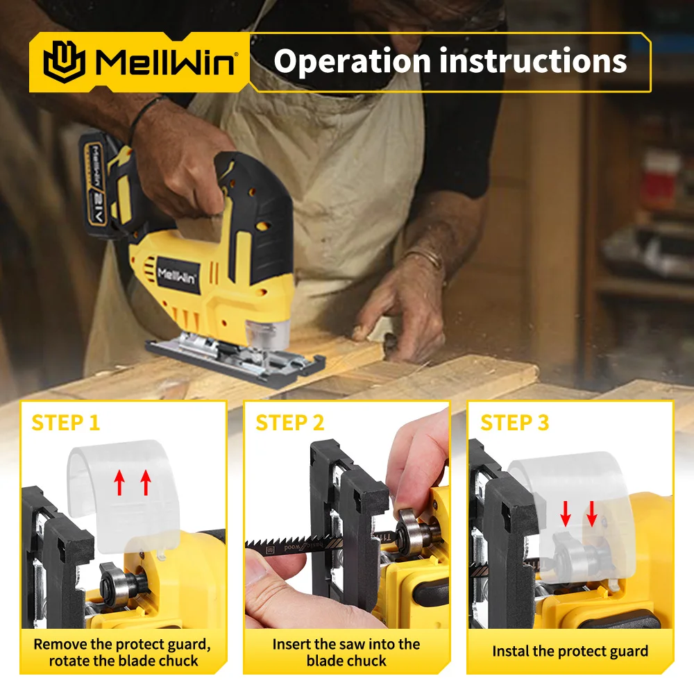 MELLWIN 3500RPM Electric JigSaw 31 With Blade Wireless Curve Saw Multi-function Woodworking Tool For Makita 18V Battery Pin