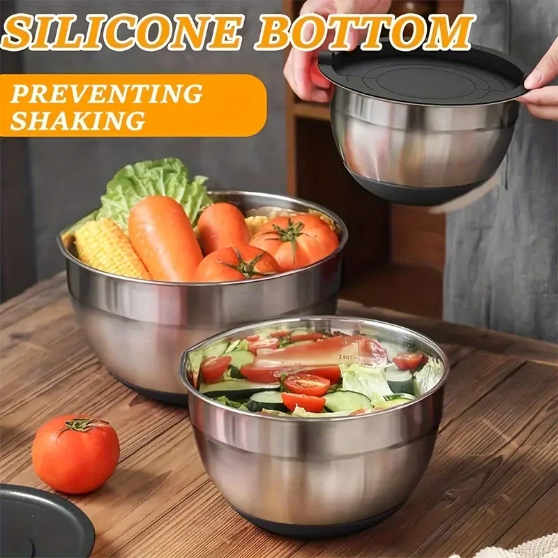 9pcs Mixing Bowl With Lid, Stainless Steel Mixing Bowl With Metal Nesting Bowl And Black Airtight Lid, For Baking/Cooking