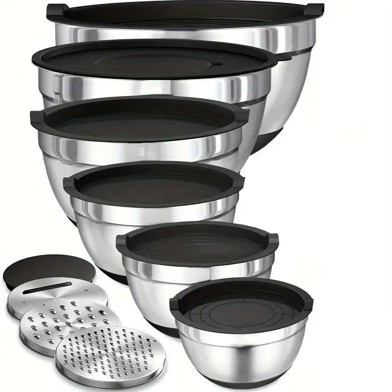 9pcs Mixing Bowl With Lid, Stainless Steel Mixing Bowl With Metal Nesting Bowl And Black Airtight Lid, For Baking/Cooking