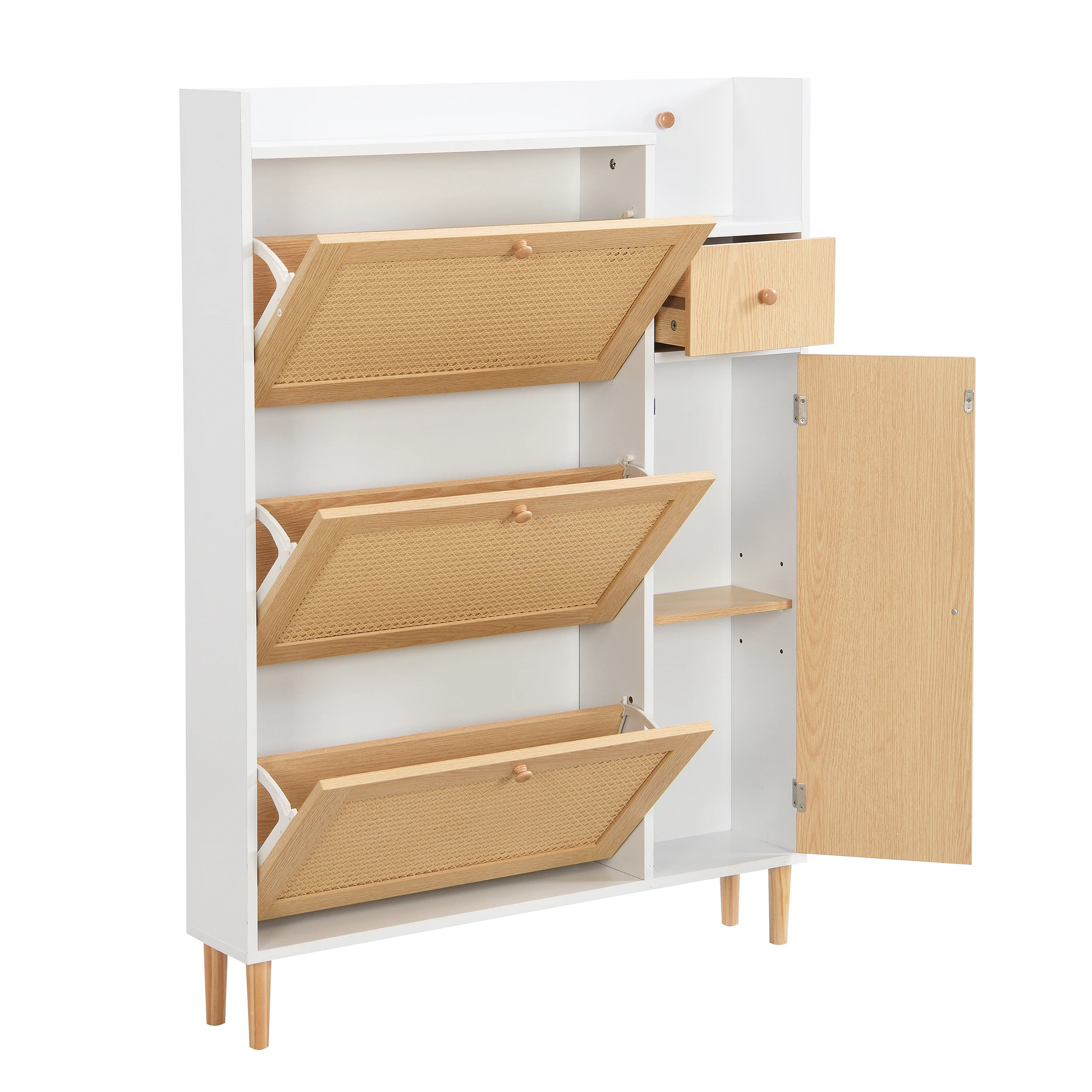 Wooden Fabric Rattan Shoe Cabinet for Narrow Entrances 3 Tilt Doors and 1 Drawer with Solid Wood Legs and Handles