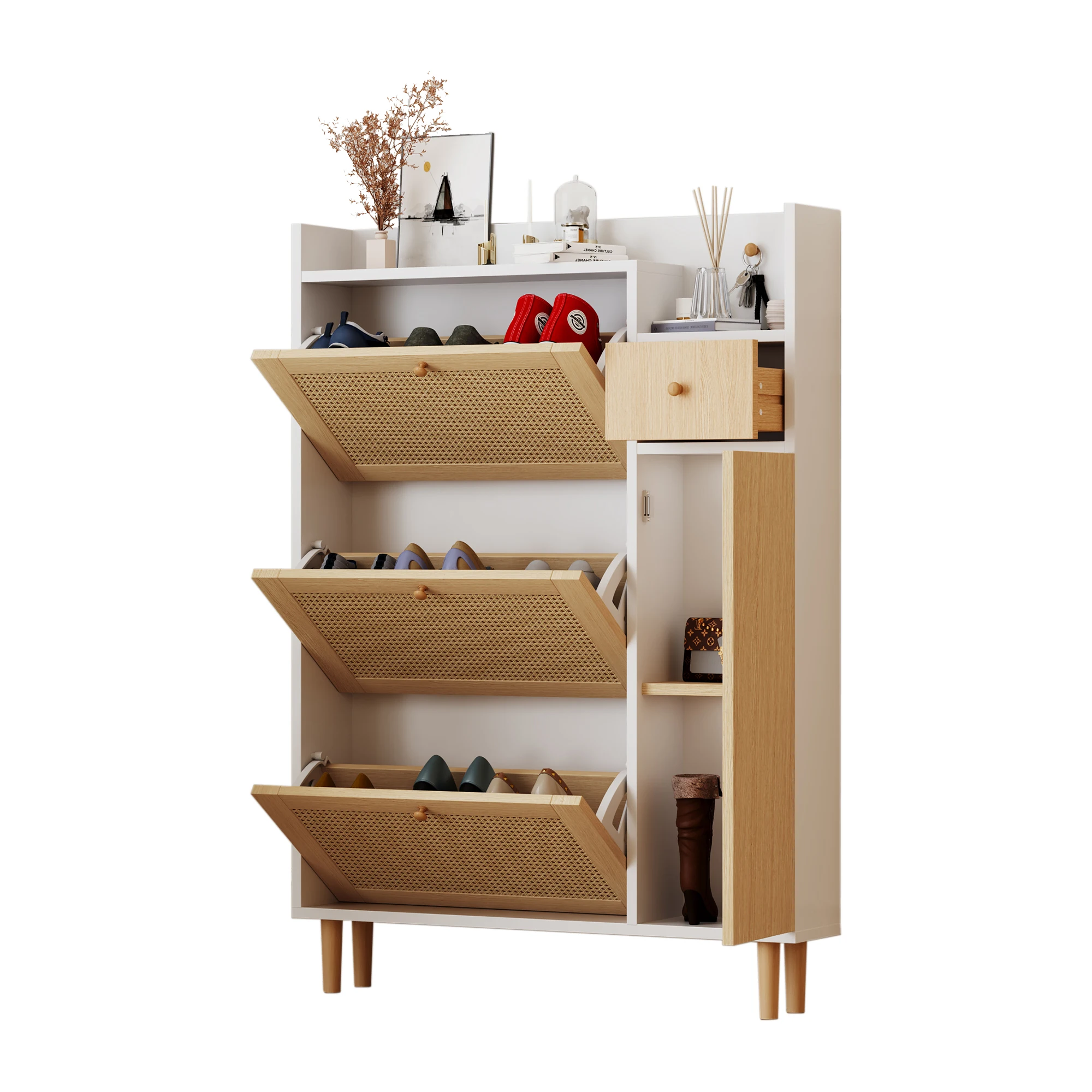 Wooden Fabric Rattan Shoe Cabinet for Narrow Entrances 3 Tilt Doors and 1 Drawer with Solid Wood Legs and Handles