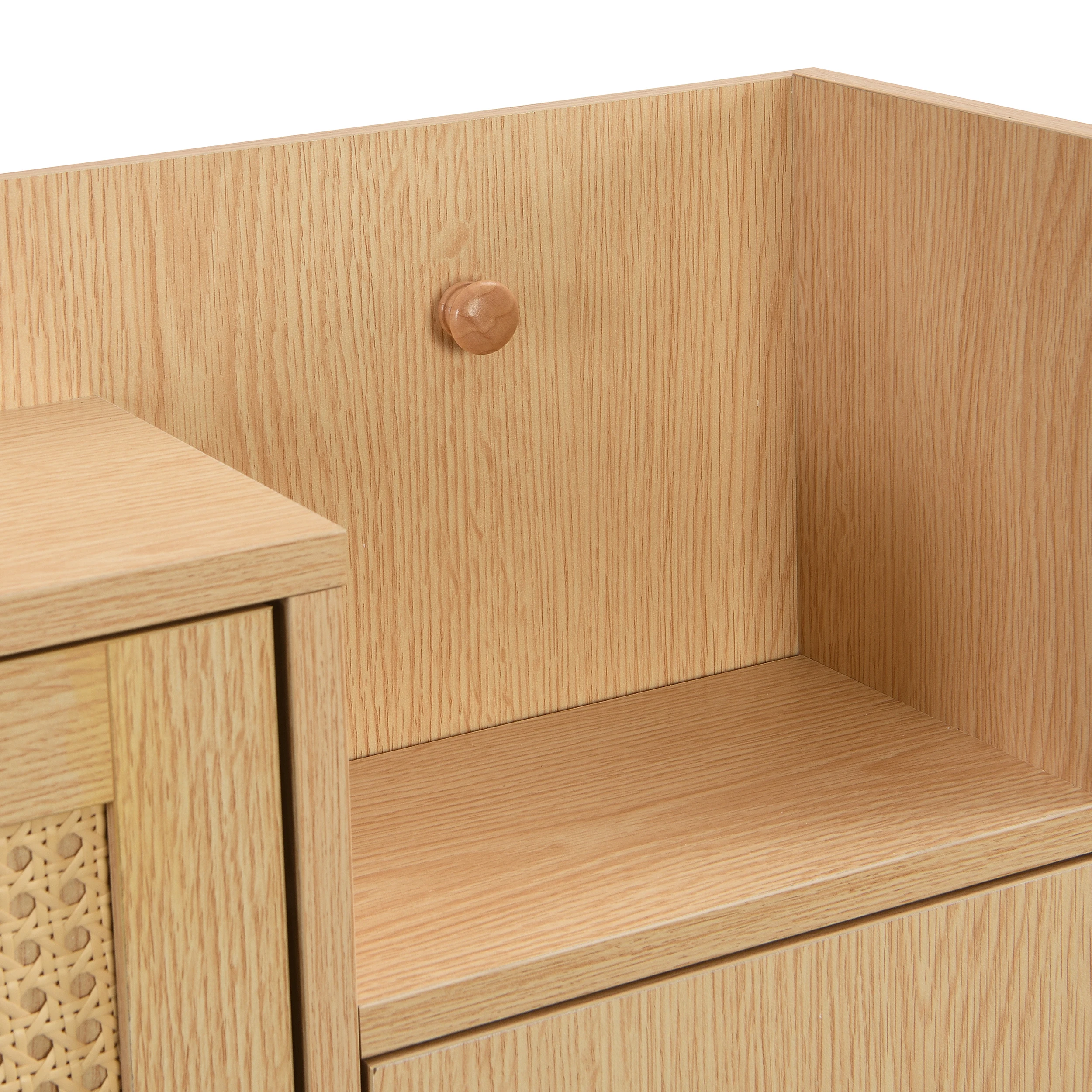 Wooden Fabric Rattan Shoe Cabinet for Narrow Entrances 3 Tilt Doors and 1 Drawer with Solid Wood Legs and Handles