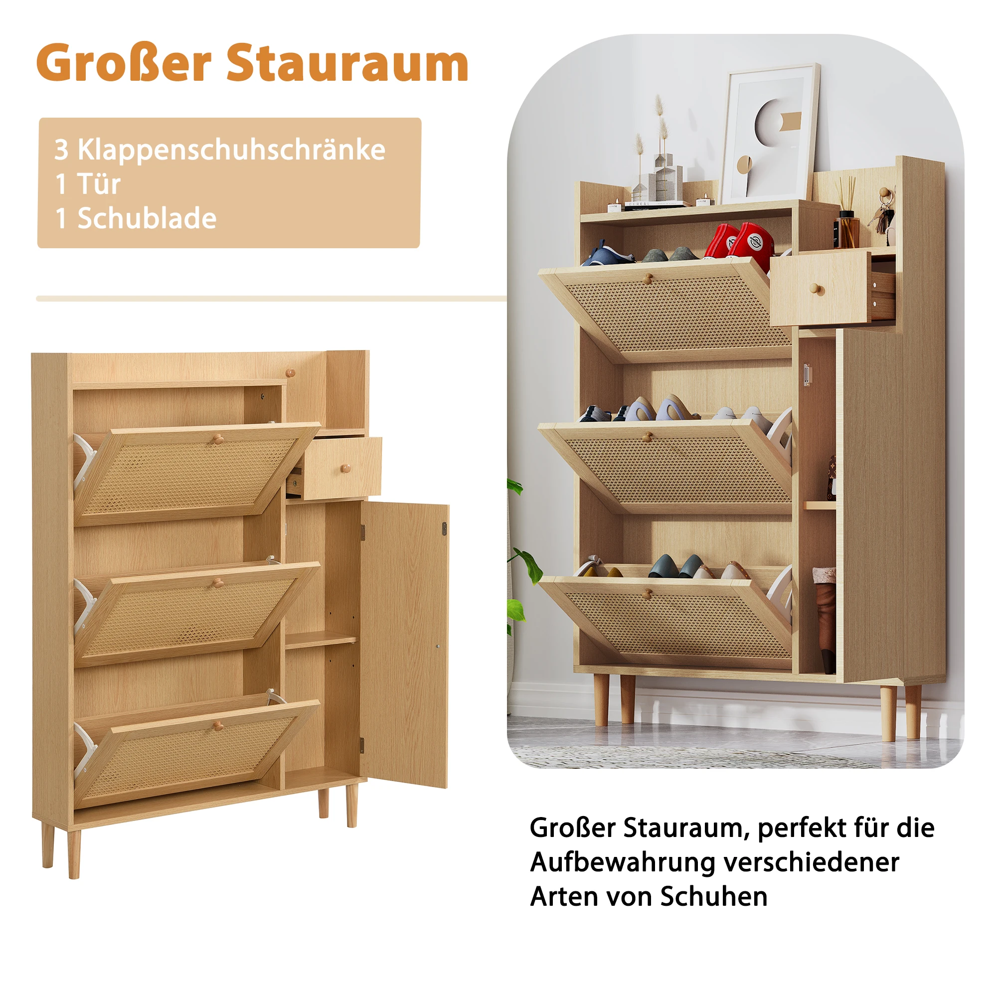 Wooden Fabric Rattan Shoe Cabinet for Narrow Entrances 3 Tilt Doors and 1 Drawer with Solid Wood Legs and Handles