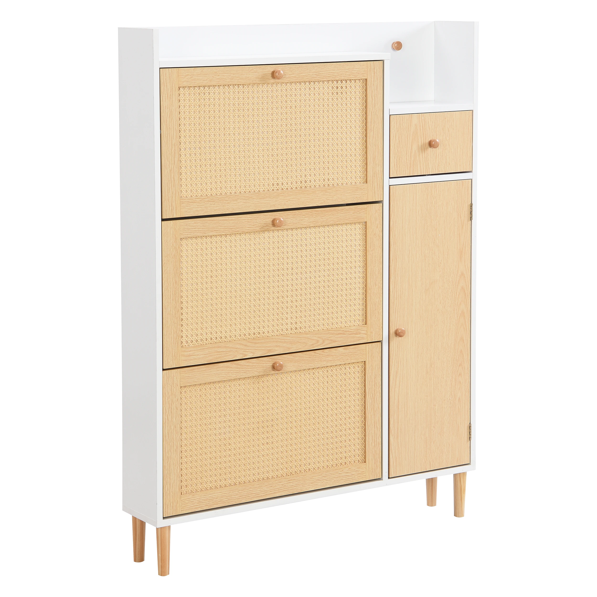 Wooden Fabric Rattan Shoe Cabinet for Narrow Entrances 3 Tilt Doors and 1 Drawer with Solid Wood Legs and Handles