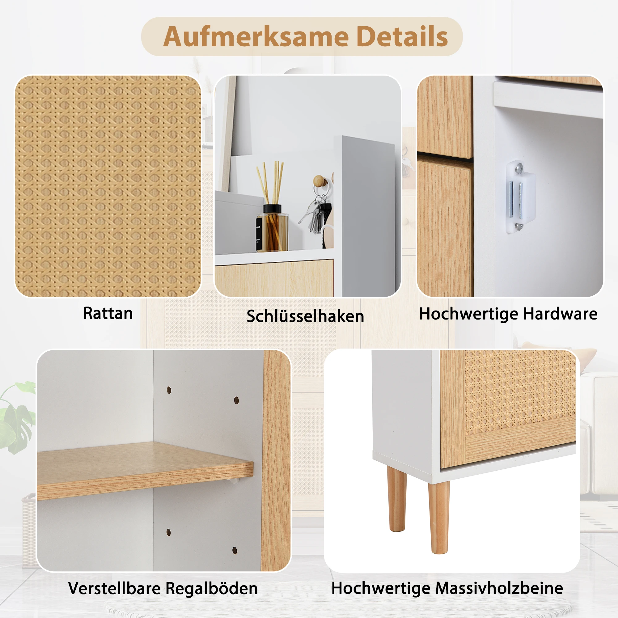 Wooden Fabric Rattan Shoe Cabinet for Narrow Entrances 3 Tilt Doors and 1 Drawer with Solid Wood Legs and Handles
