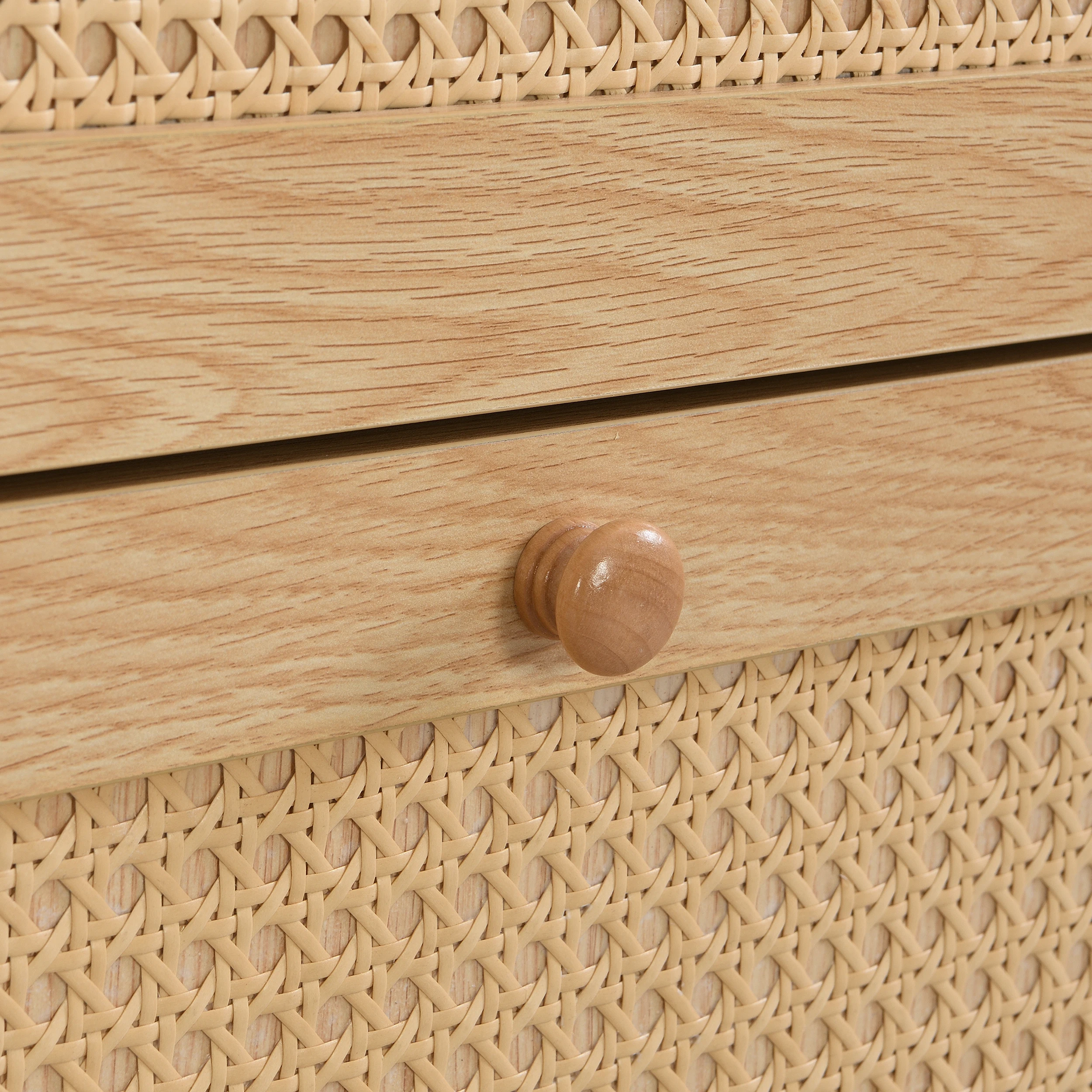 Wooden Fabric Rattan Shoe Cabinet for Narrow Entrances 3 Tilt Doors and 1 Drawer with Solid Wood Legs and Handles