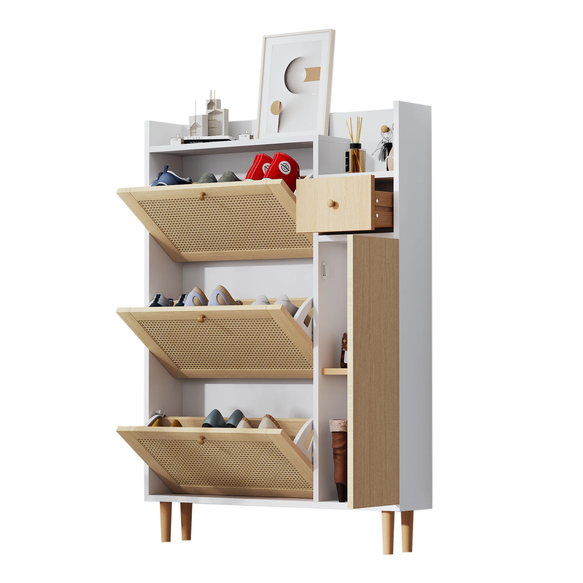 Wooden Fabric Rattan Shoe Cabinet for Narrow Entrances 3 Tilt Doors and 1 Drawer with Solid Wood Legs and Handles