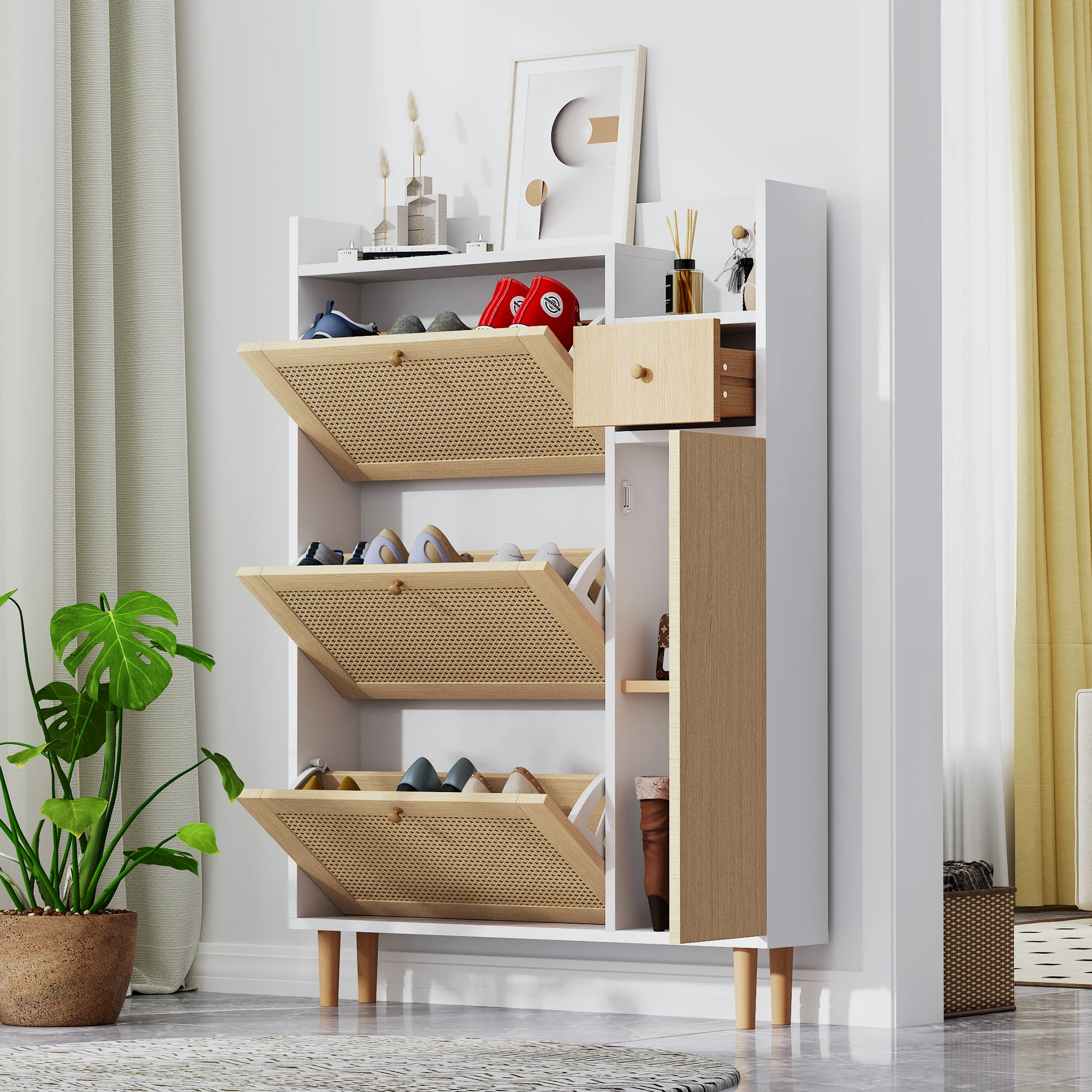 Wooden Fabric Rattan Shoe Cabinet for Narrow Entrances 3 Tilt Doors and 1 Drawer with Solid Wood Legs and Handles