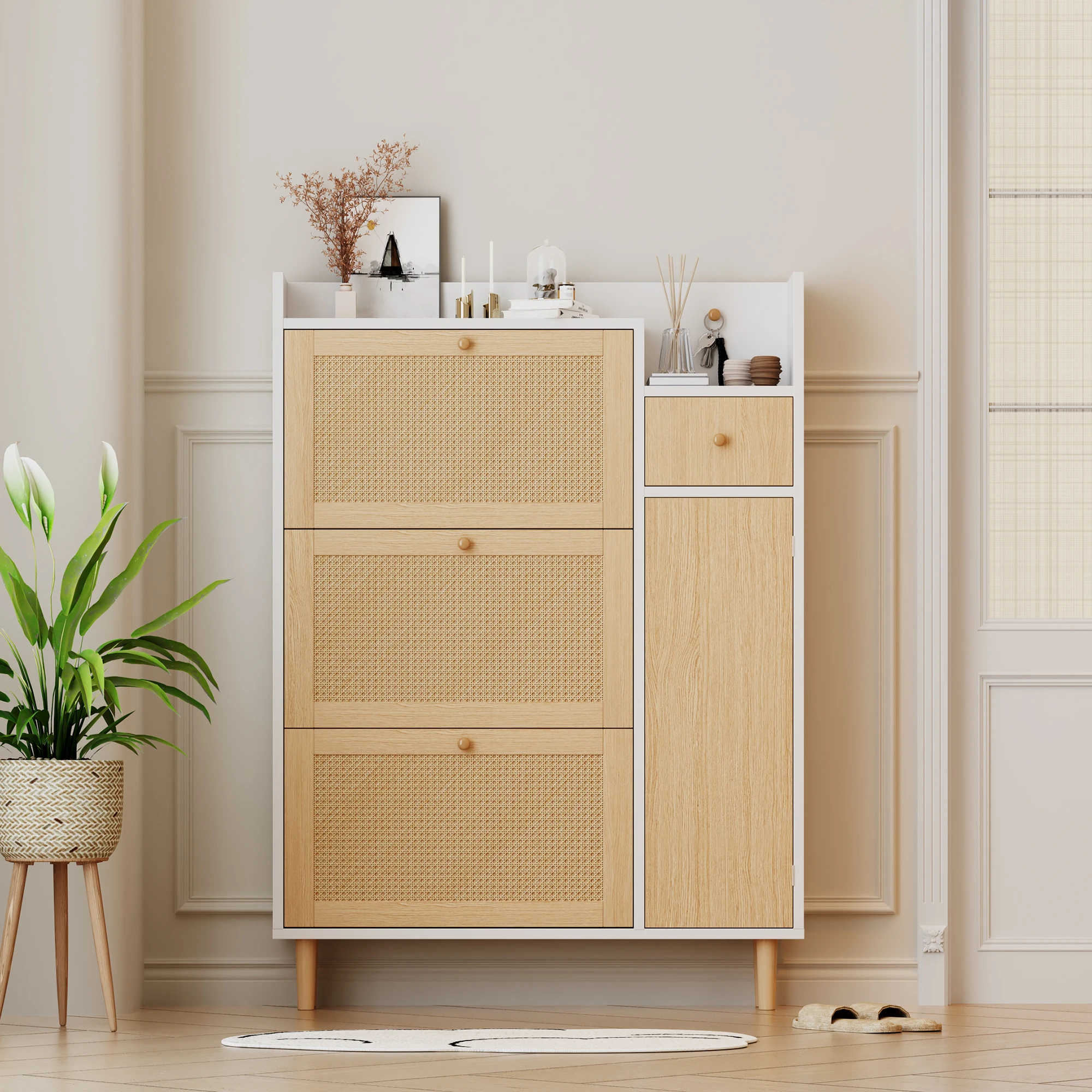 Wooden Fabric Rattan Shoe Cabinet for Narrow Entrances 3 Tilt Doors and 1 Drawer with Solid Wood Legs and Handles