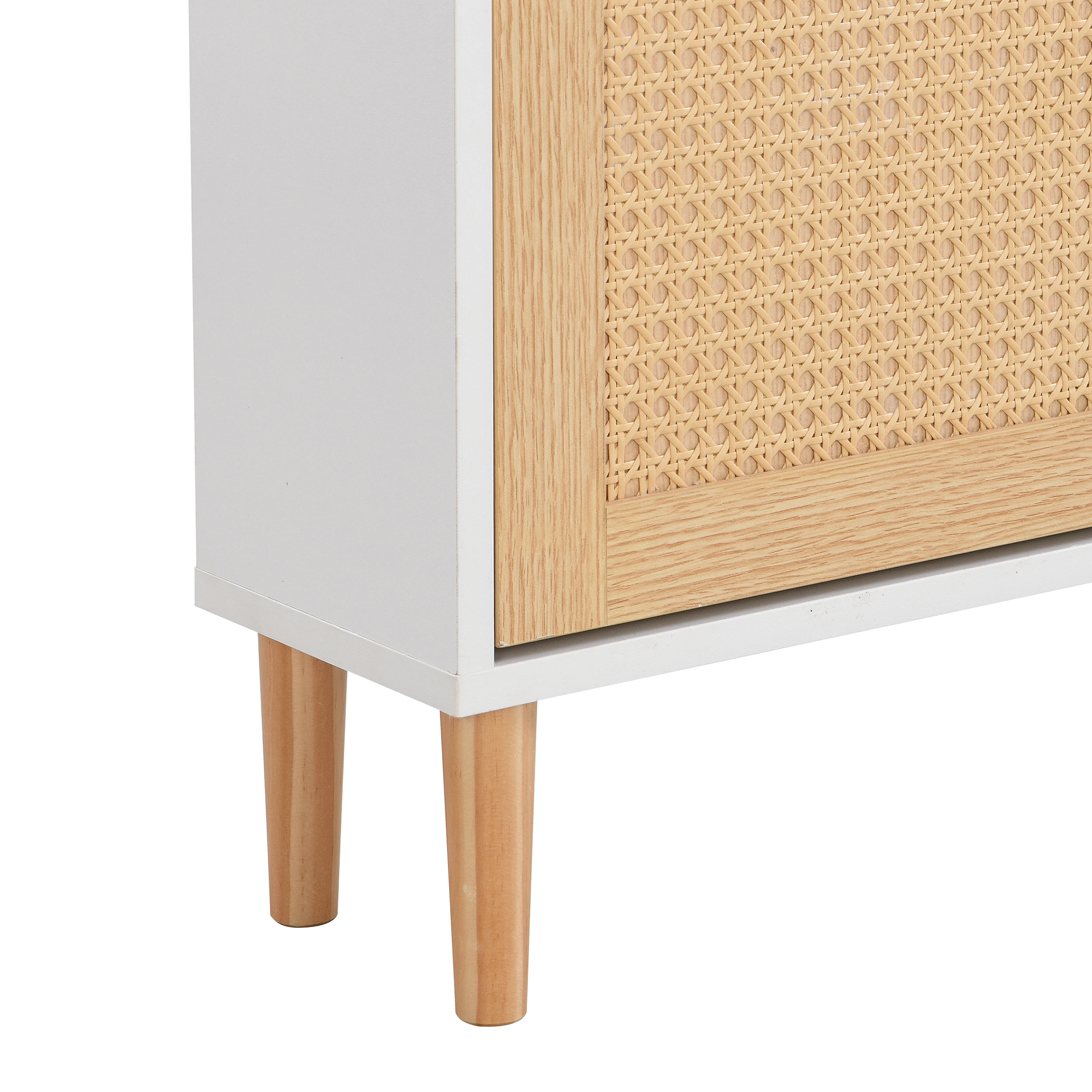 Wooden Fabric Rattan Shoe Cabinet for Narrow Entrances 3 Tilt Doors and 1 Drawer with Solid Wood Legs and Handles