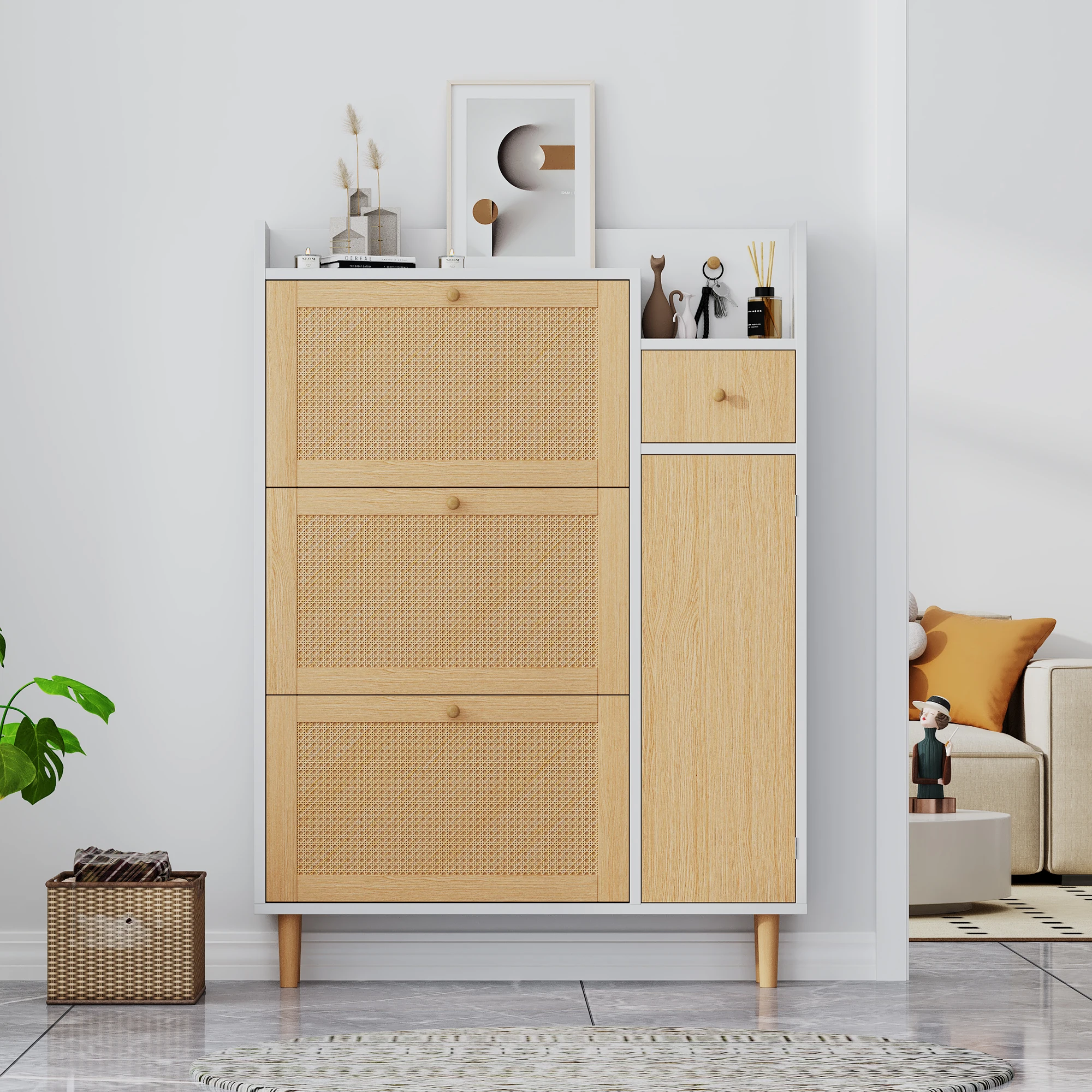 Wooden Fabric Rattan Shoe Cabinet for Narrow Entrances 3 Tilt Doors and 1 Drawer with Solid Wood Legs and Handles