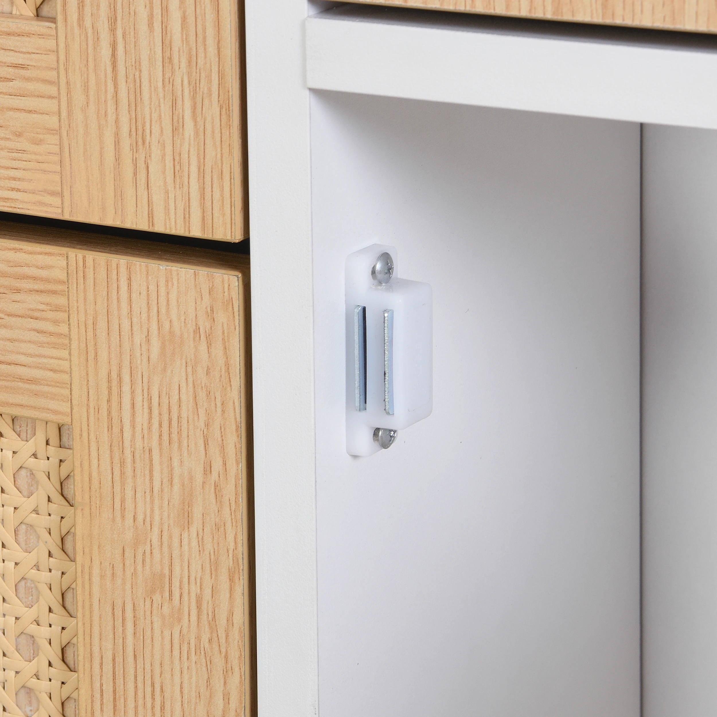 Wooden Fabric Rattan Shoe Cabinet for Narrow Entrances 3 Tilt Doors and 1 Drawer with Solid Wood Legs and Handles
