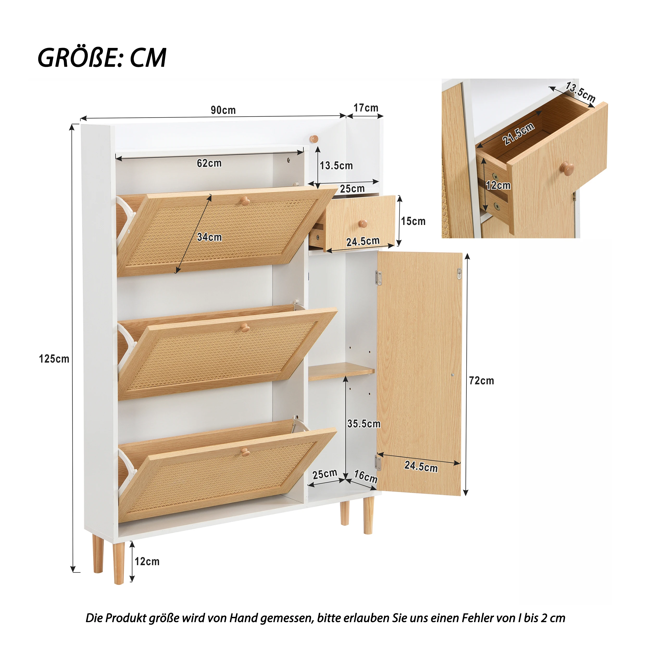 Wooden Fabric Rattan Shoe Cabinet for Narrow Entrances 3 Tilt Doors and 1 Drawer with Solid Wood Legs and Handles