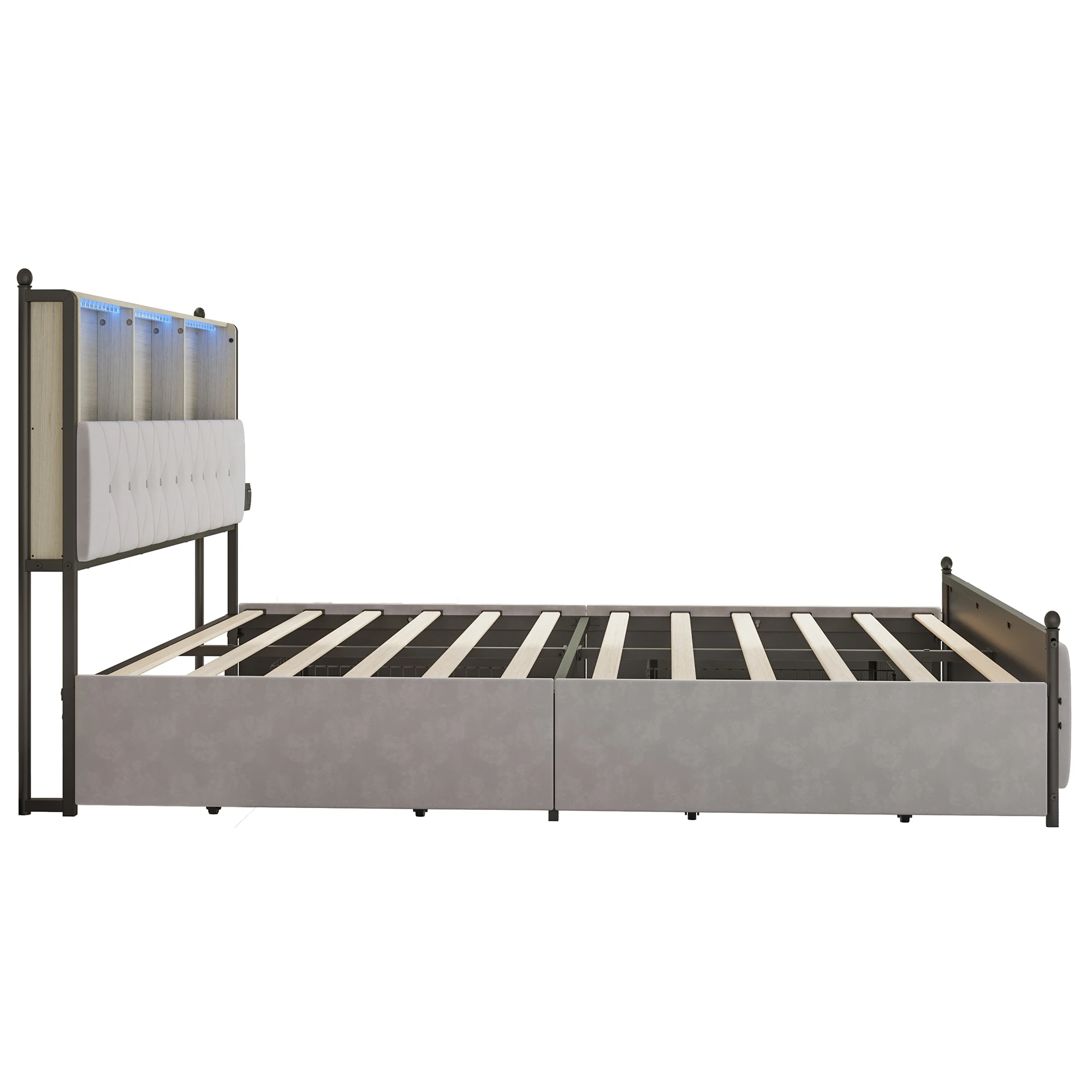 Anajqaqia 160x200cm Upholstered Double Bed with 4 Drawer Storage Space, with LED Light and USB Charging Port, Velvet, Beige