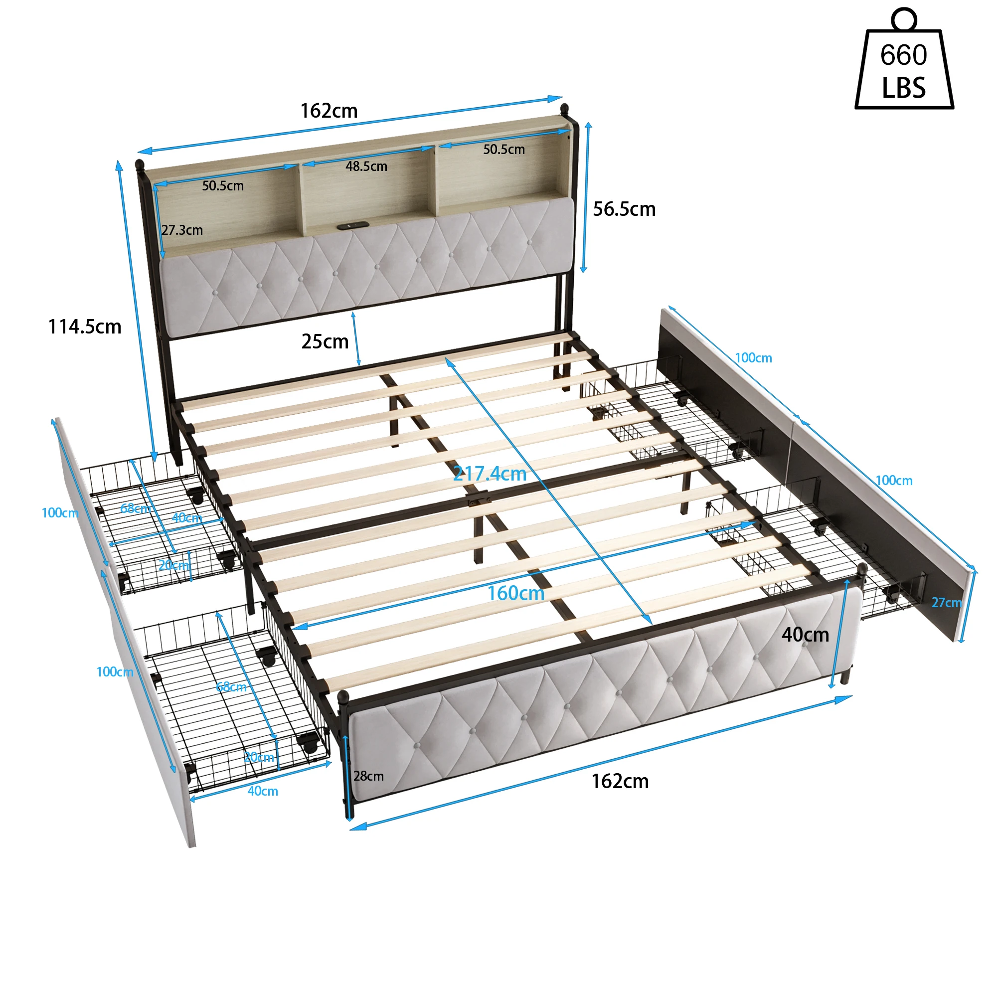 Anajqaqia 160x200cm Upholstered Double Bed with 4 Drawer Storage Space, with LED Light and USB Charging Port, Velvet, Beige