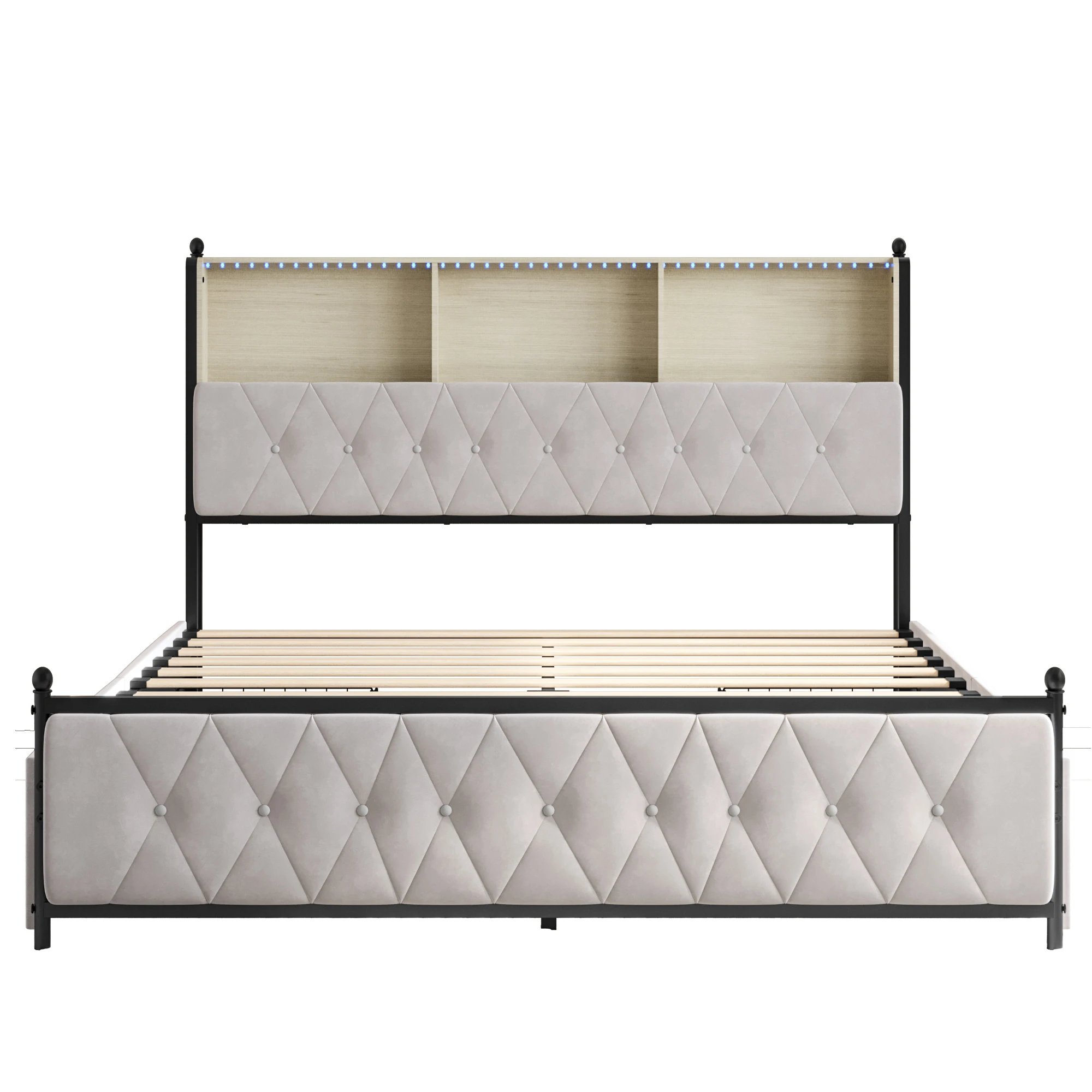 Anajqaqia 160x200cm Upholstered Double Bed with 4 Drawer Storage Space, with LED Light and USB Charging Port, Velvet, Beige