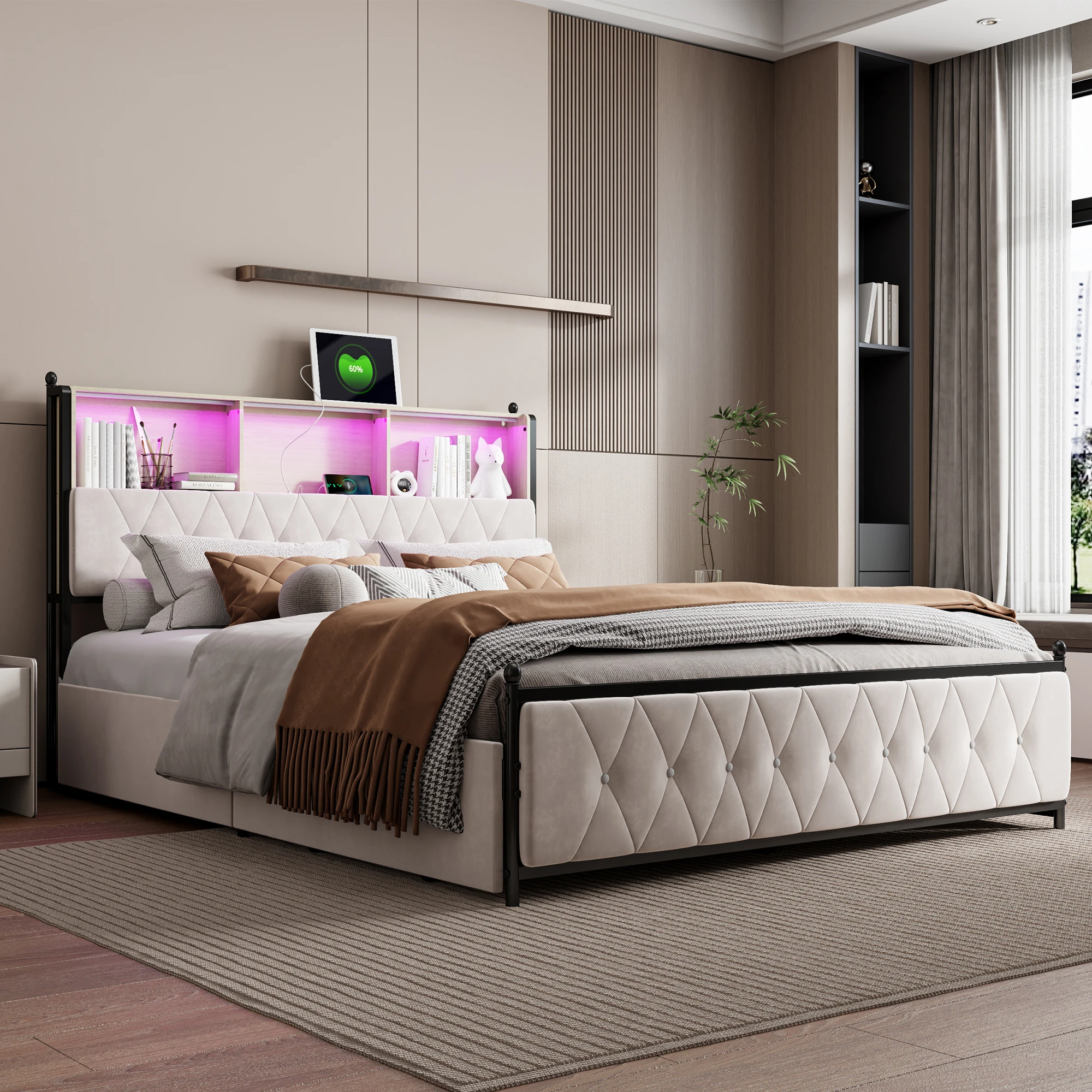 Anajqaqia 160x200cm Upholstered Double Bed with 4 Drawer Storage Space, with LED Light and USB Charging Port, Velvet, Beige