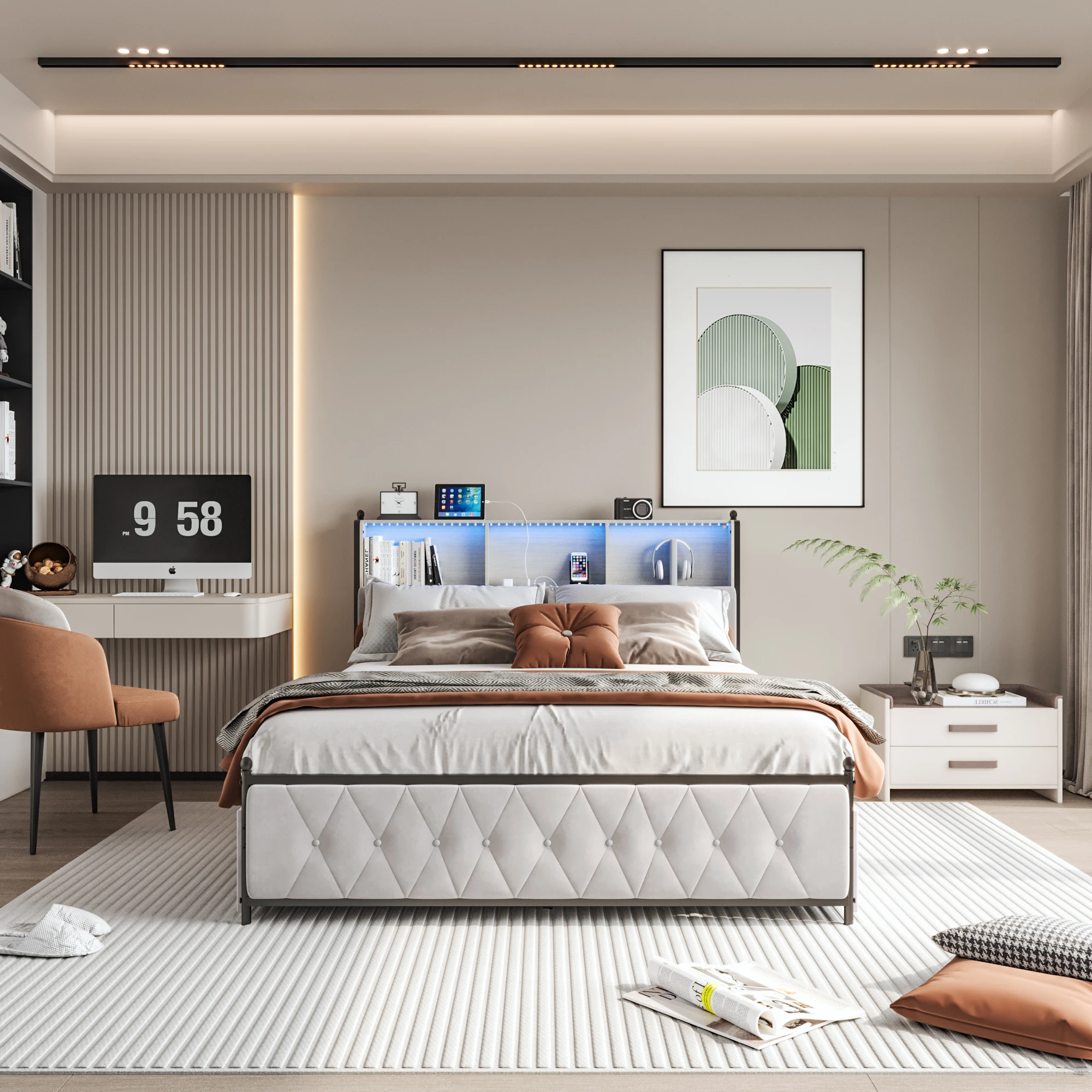 Anajqaqia 160x200cm Upholstered Double Bed with 4 Drawer Storage Space, with LED Light and USB Charging Port, Velvet, Beige